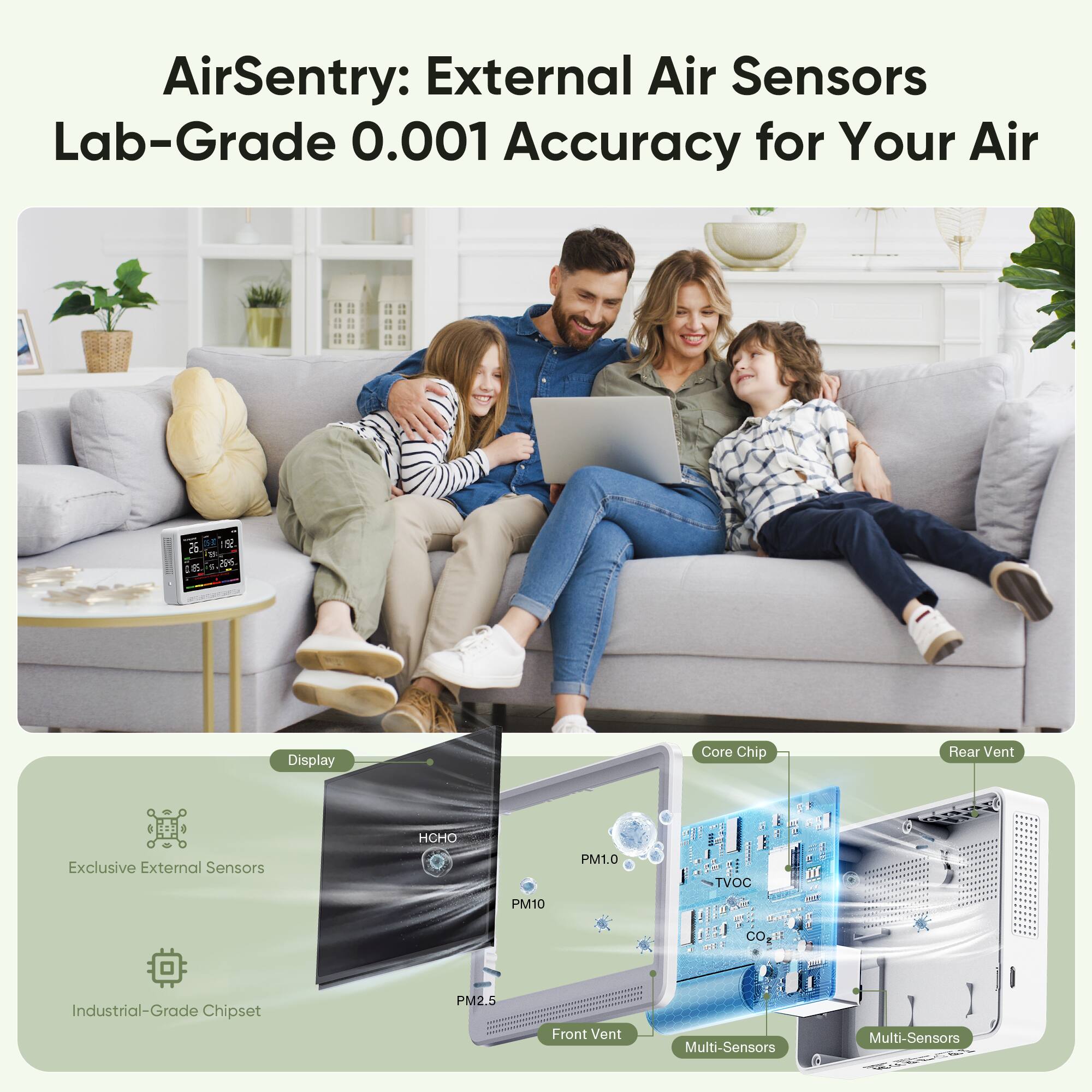 AirSentry: External Air Sensors Lab-Grade 0.001 Accuracy for Your Air

- Display
- Exclusive External Sensors
- Industrial-Grade Chipset
- Core Chip
- Front Vent
- Rear Vent
- Multi-Sensors

HCHO
PM10
PM2.5
PM1.0
TVOC
CO