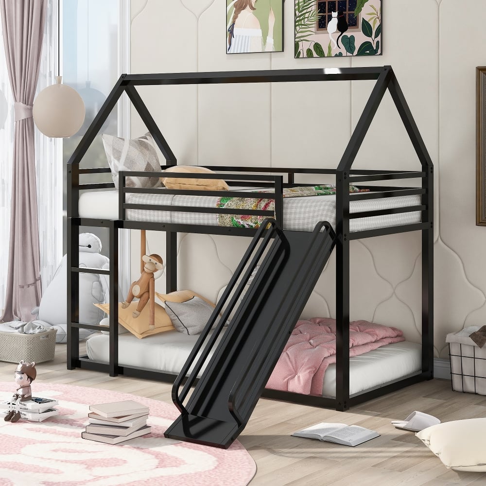 Loheer - Twin Over Twin Bunk Bed House Bed with Slide Metal - Black