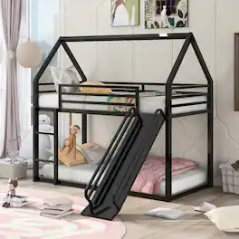 Loheer - Twin Over Twin Bunk Bed House Bed with Slide Metal - Black
