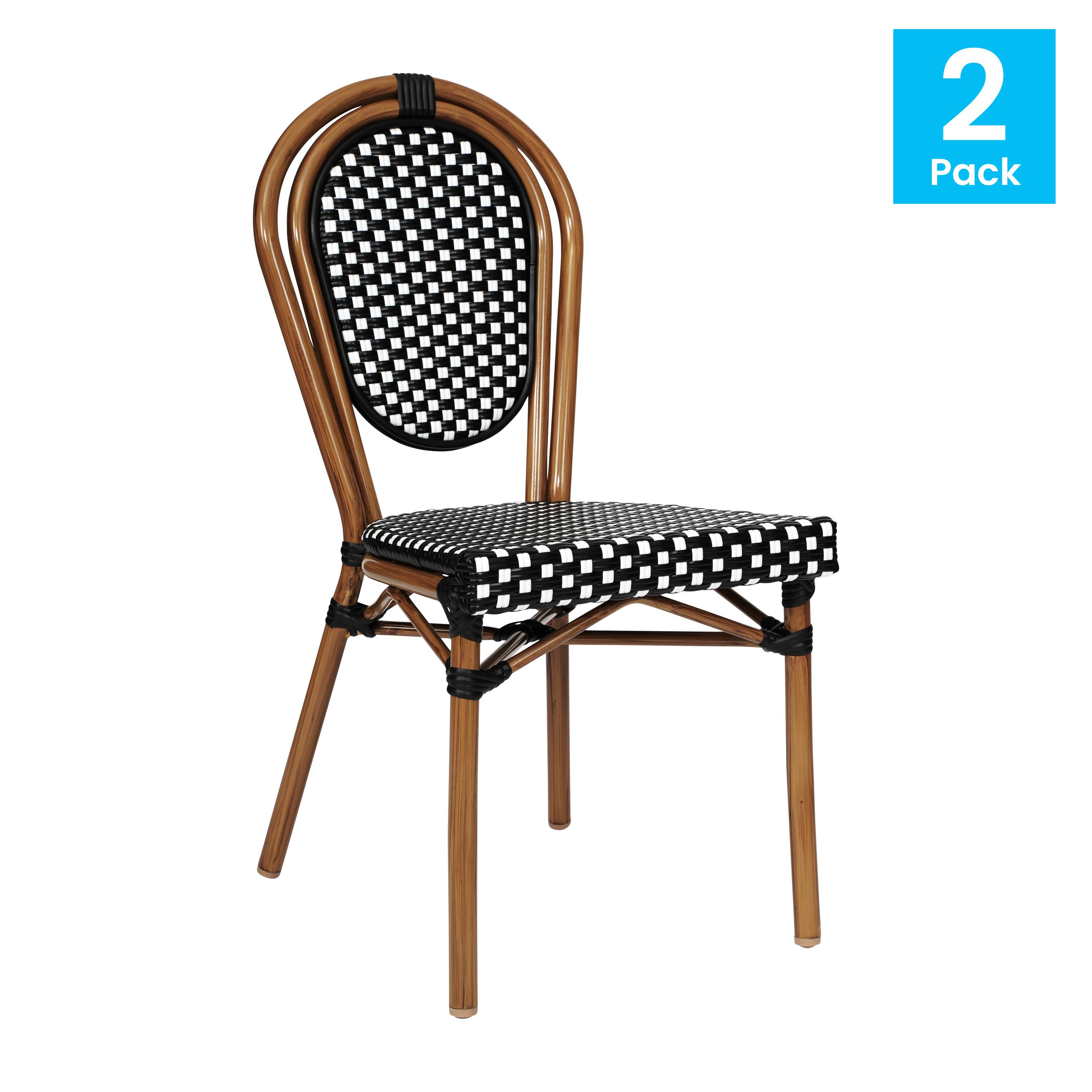 Alt View 1. Emma + Oliver - Colmar Set of Two Indoor/Outdoor Stacking Thonet Bistro Style Chairs with PE Rattan Seat and Finished Metal Frame - Black & White/Natural Frame.