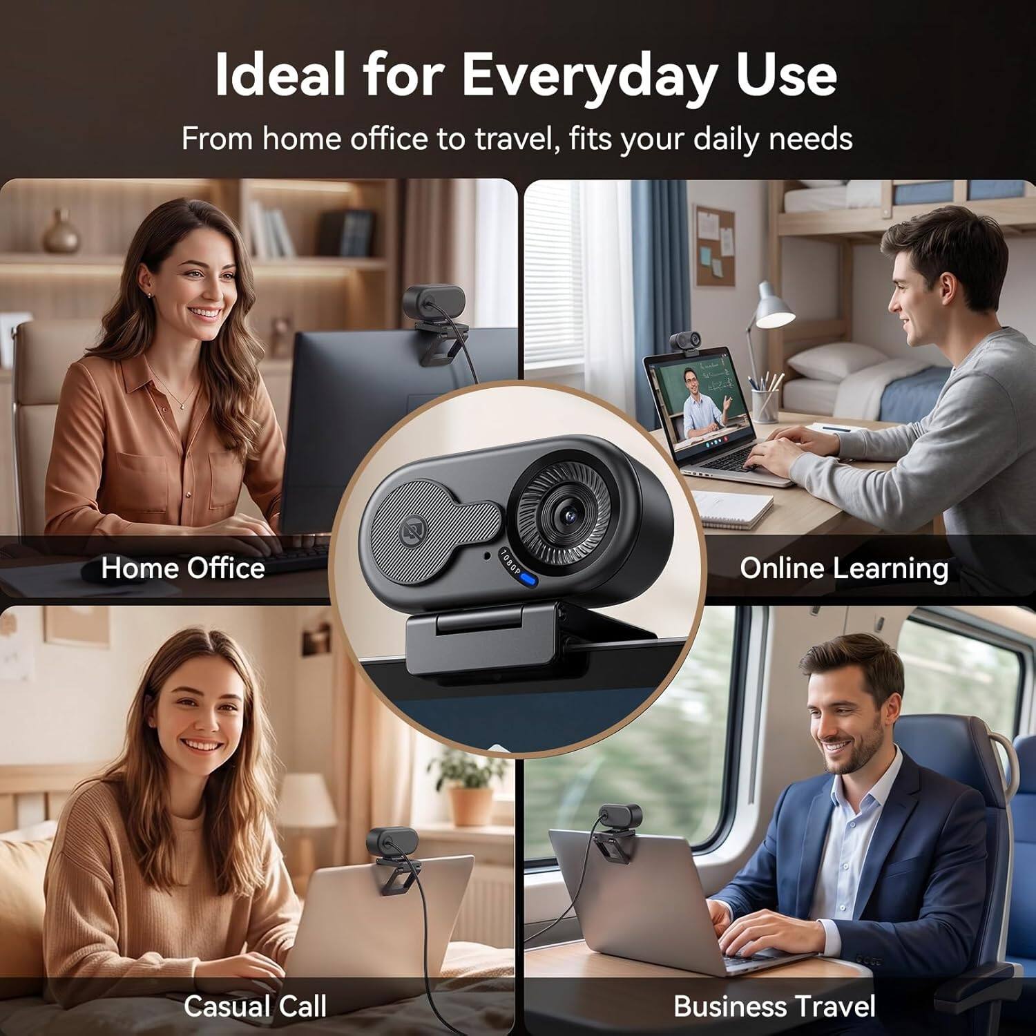 Ideal for Everyday Use  
From home office to travel, fits your daily needs  

Home Office  
Online Learning  
Casual Call  
Business Travel
