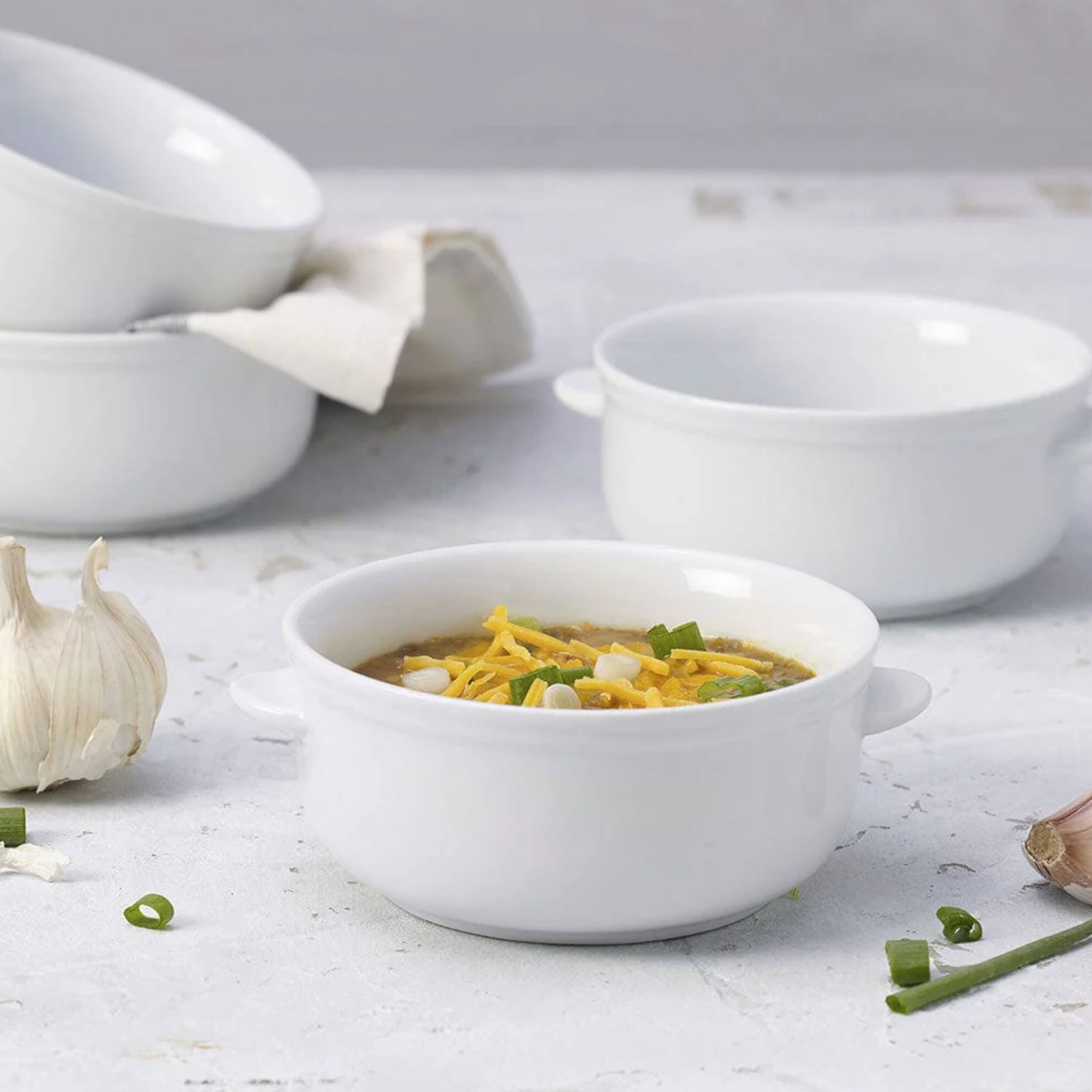 Alt View 4. Gibson - Our Table Simply White 6 Piece 5.5 Inch Porcelain Double Handle Bistro Bowl Set - White.