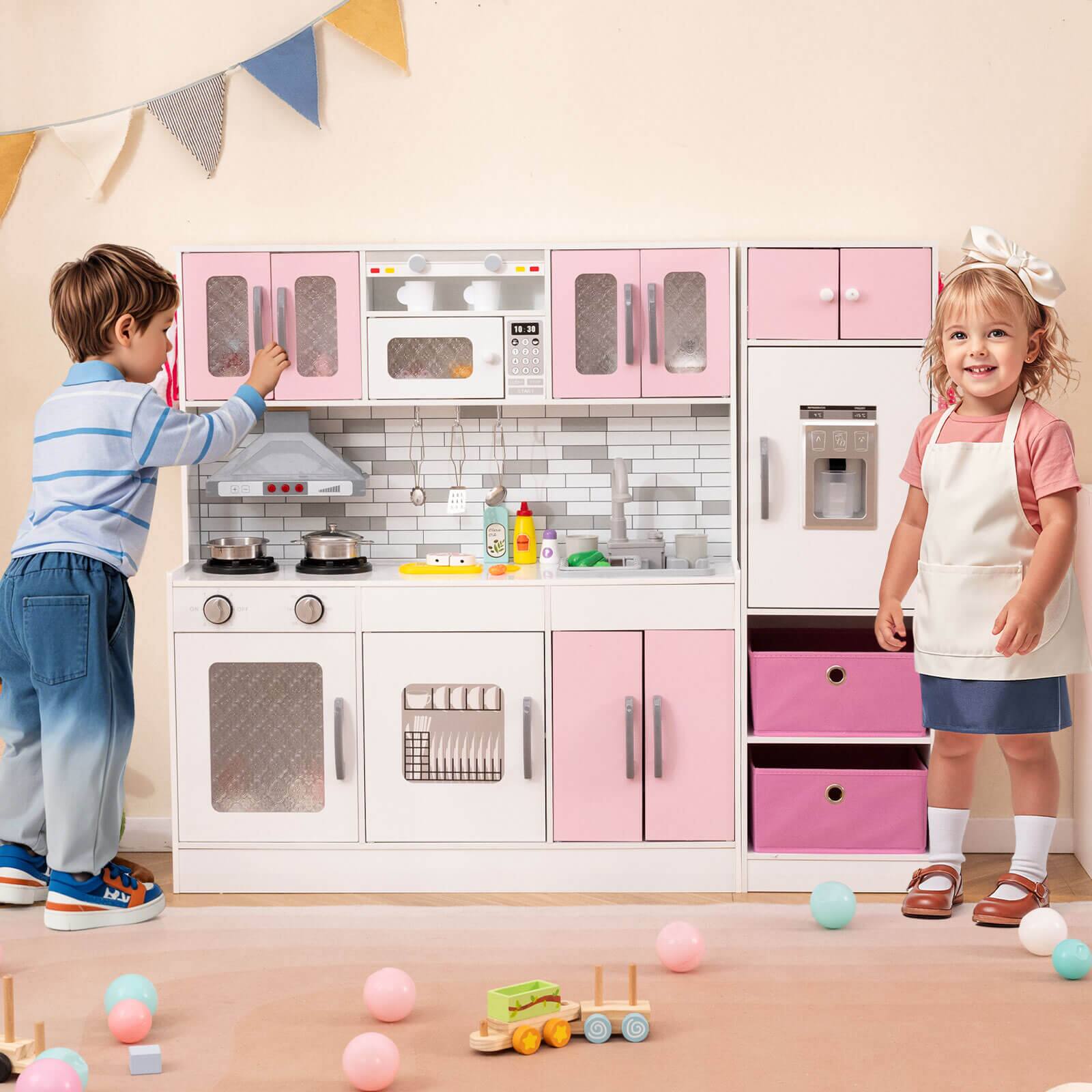 Alt View 1. Costway - Costway Wooden Kitchen Playset w/Lights Sounds Interactive Features Storage Accessories - Pink,White.
