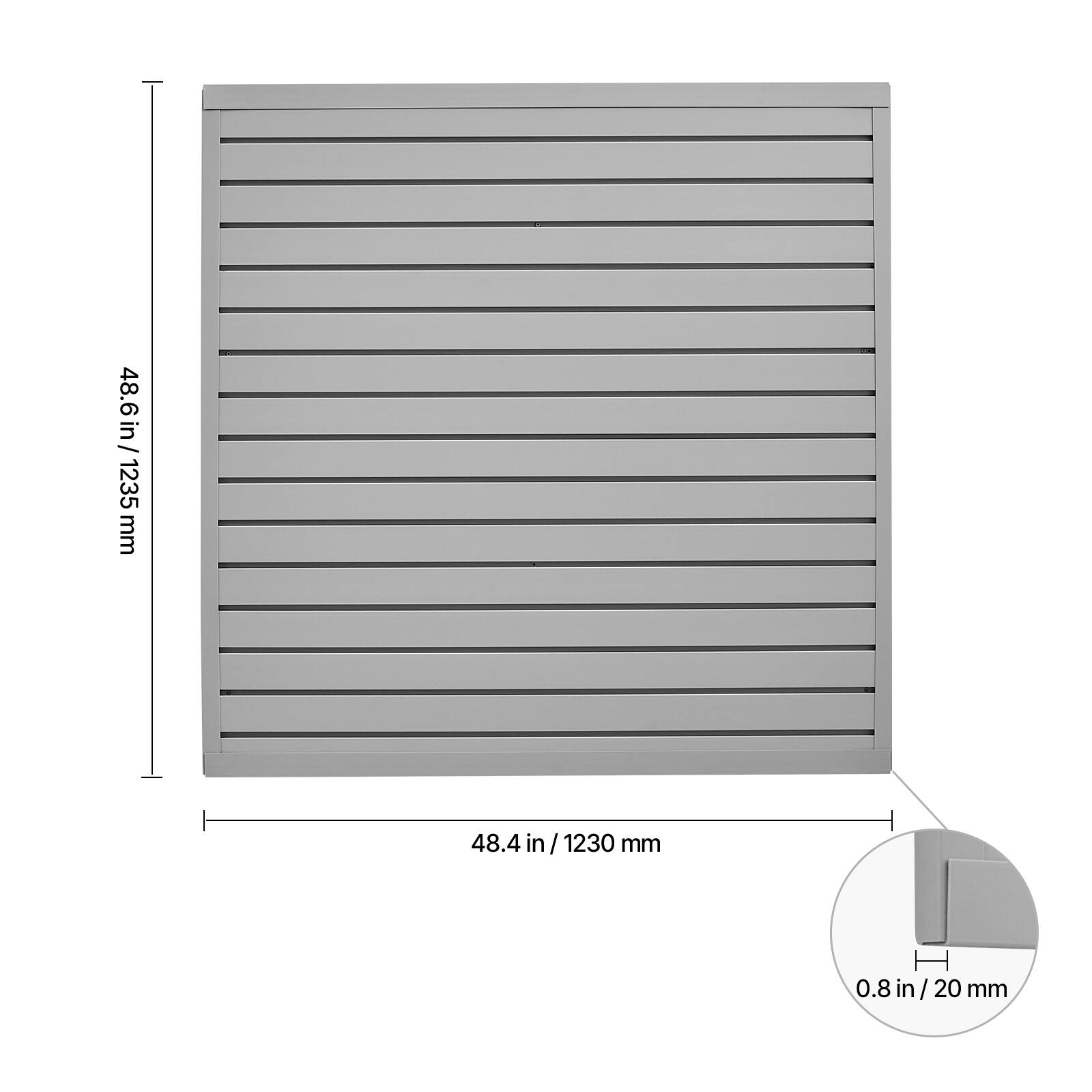 48.6 in / 1235 mm  
48.4 in / 1230 mm  
0.8 in / 20 mm