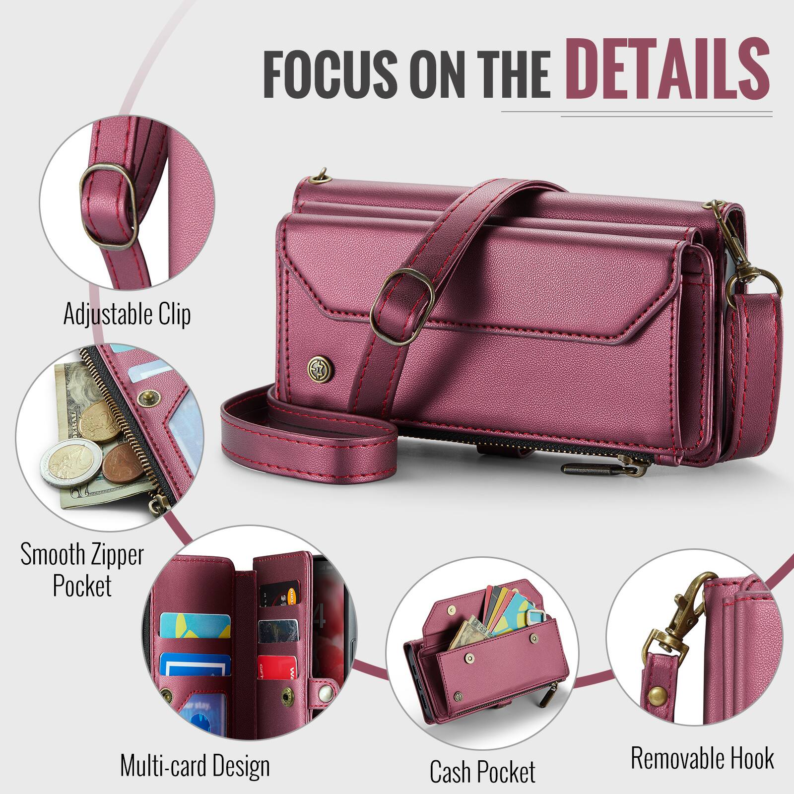FOCUS ON THE DETAILS

Adjustable Clip
Smooth Zipper Pocket
Multi-card Design
Cash Pocket
Removable Hook
