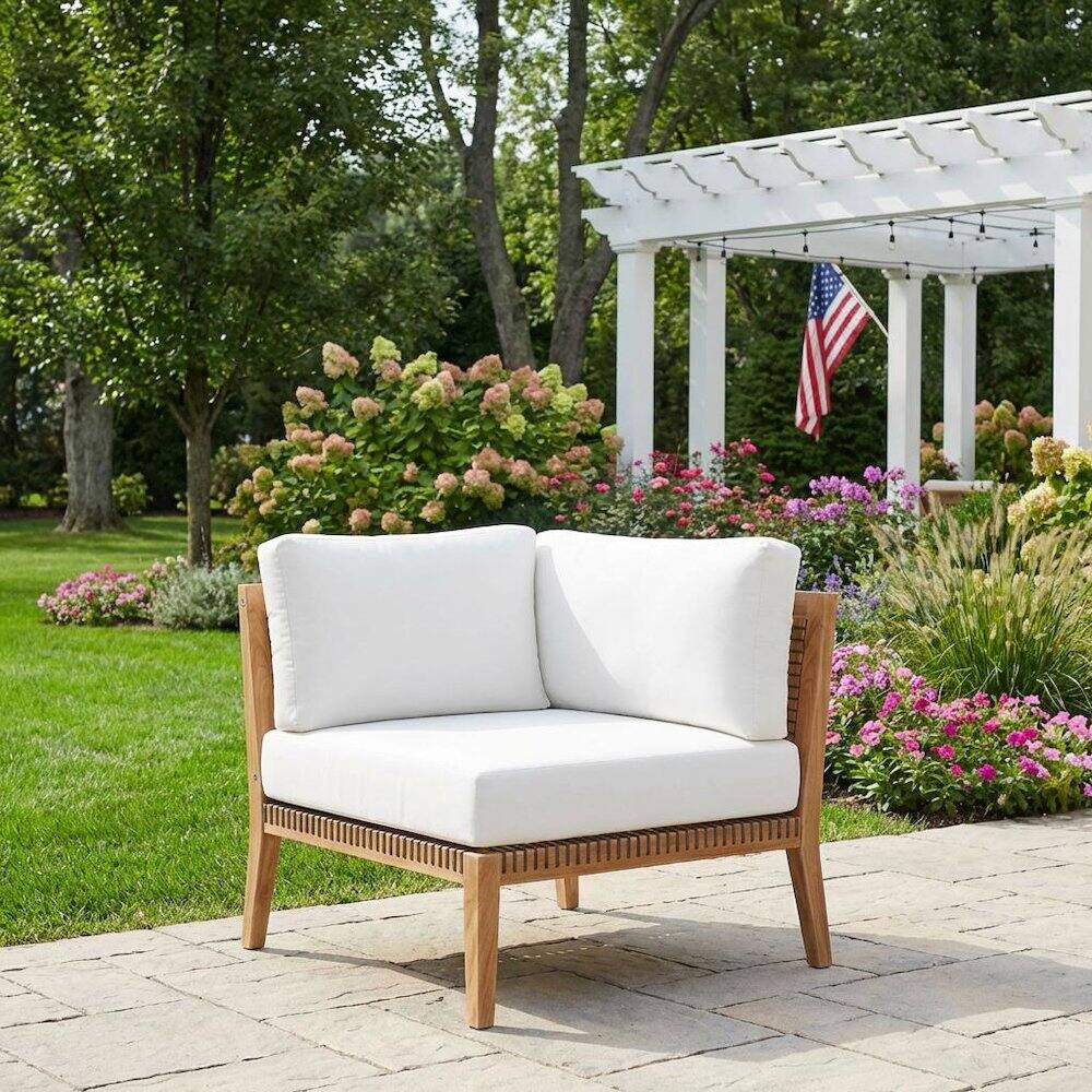 Left. Outdoor Escape - Outdoor Patio Teak Wood Corner Lounge Chair With Cushioned Seat - Gray.