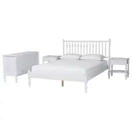 Baxton Studio - Denita Spindle 4-Piece Bedroom Set - Farmhouse Platform Bed with Matching Dresser and 1-Drawer Nightstands, Queen - White