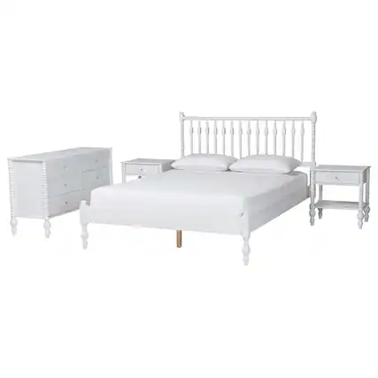 Front. Baxton Studio - Denita Spindle 4-Piece Bedroom Set - Farmhouse Platform Bed with Matching Dresser and 1-Drawer Nightstands, Queen - White.
