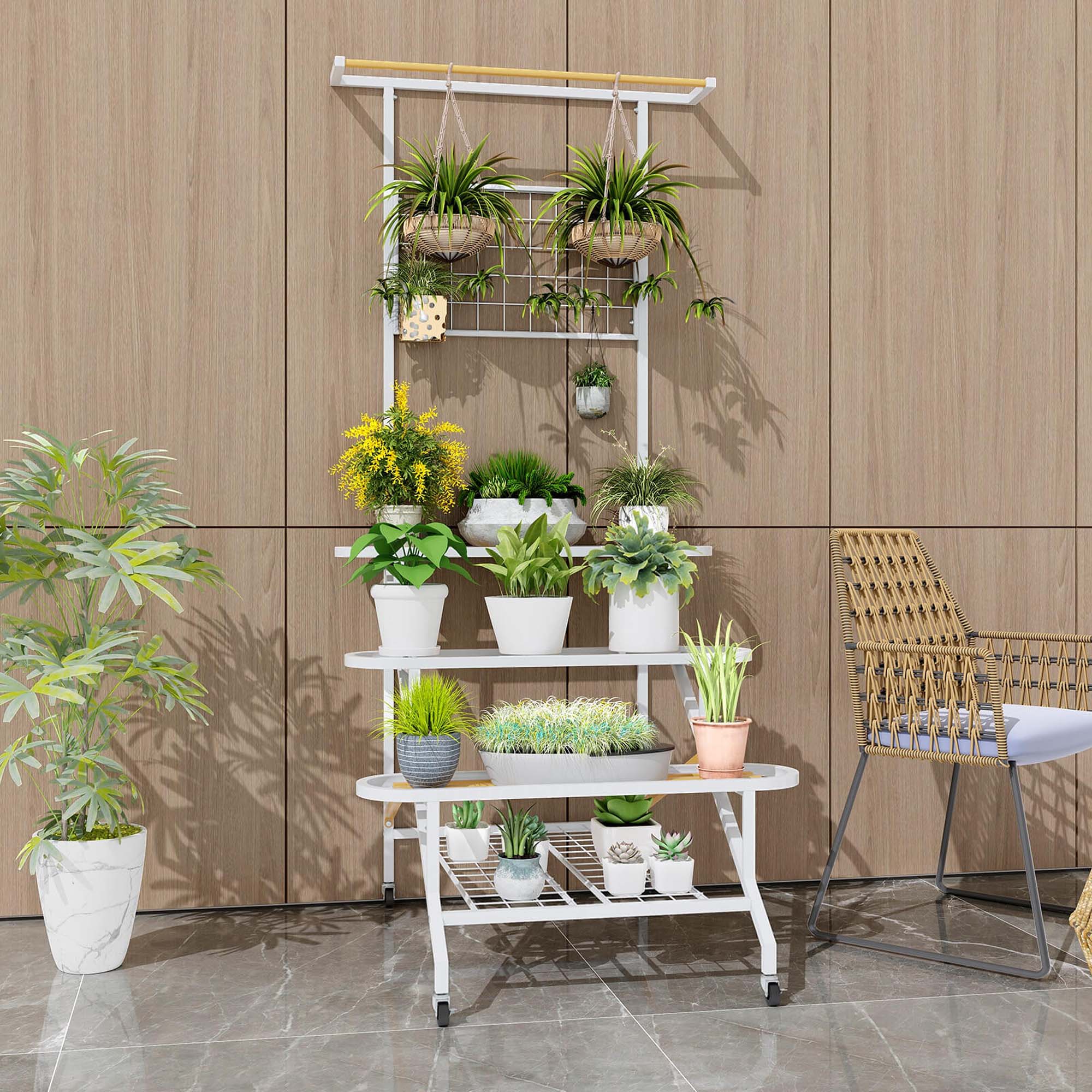 Alt View 2. Costway - 4-Tier Hanging Plant Stand Ladder Plant Shelf with Hanging Bar & Trellis - White + Tan.