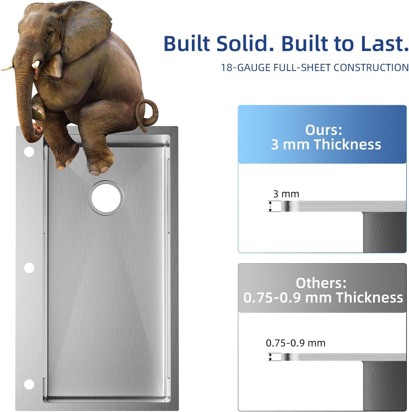 Built Solid. Built to Last.  
18-GAUGE FULL-SHEET CONSTRUCTION

Ours:  
3 mm Thickness  
3 mm

Others:  
0.75-0.9 mm Thickness  
0.75-0.9 mm