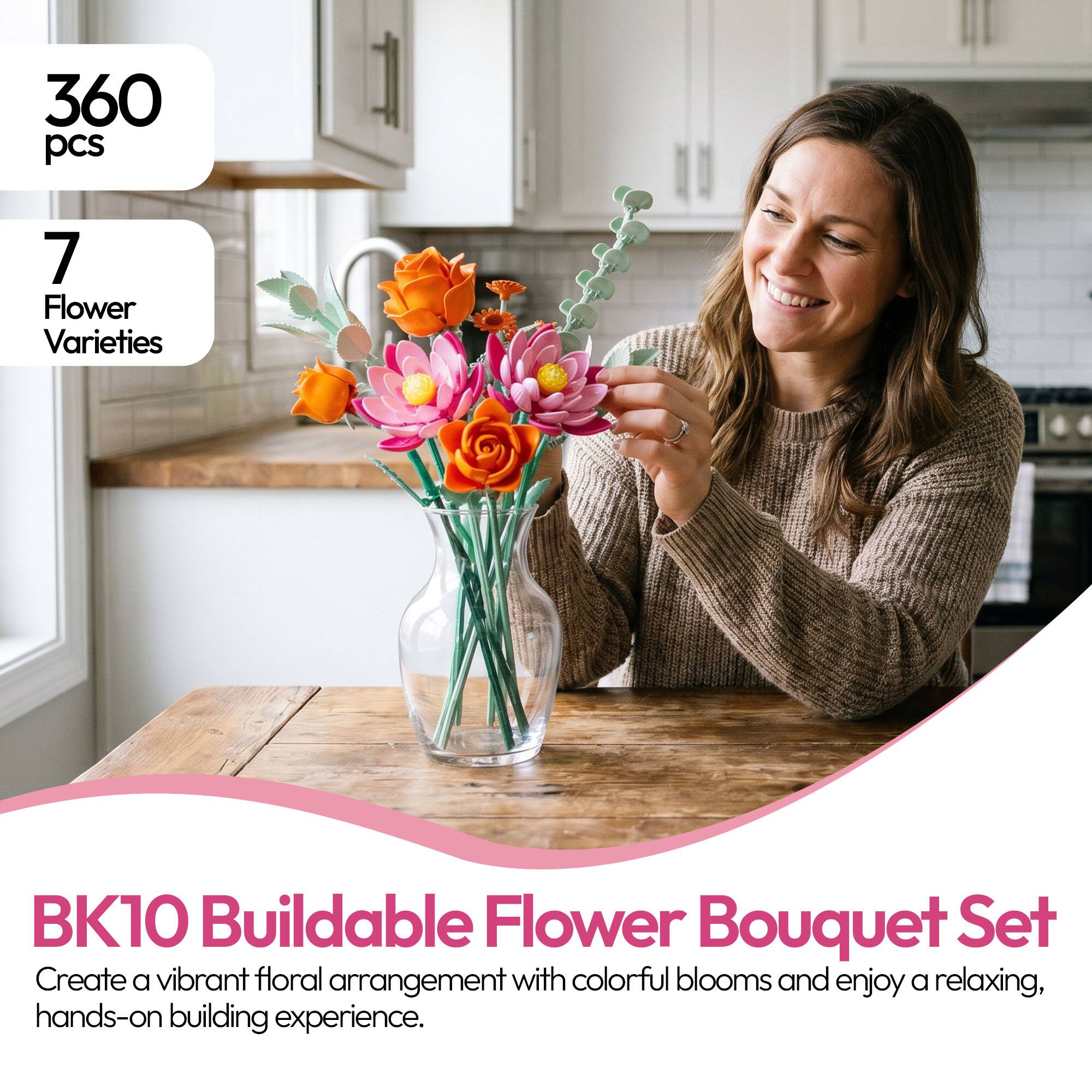 360 pcs 7 Flower Varieties BK10 Buildable Flower Bouquet Set Create a vibrant floral arrangement with colorful blooms and enjoy a relaxing, hands-on building experience.
