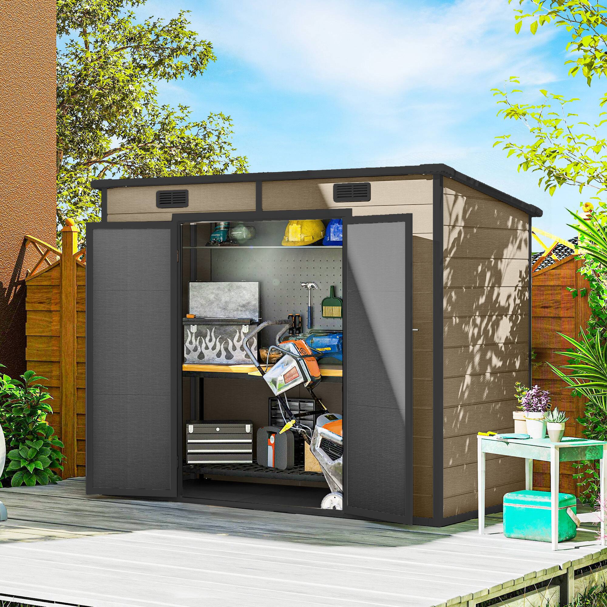 Alt View 1. Outsunny - x 4' Plastic Outdoor Storage Shed with Floor, Window, Lockable Doors and Vents for Backyard Patio Lawn - Light brown.