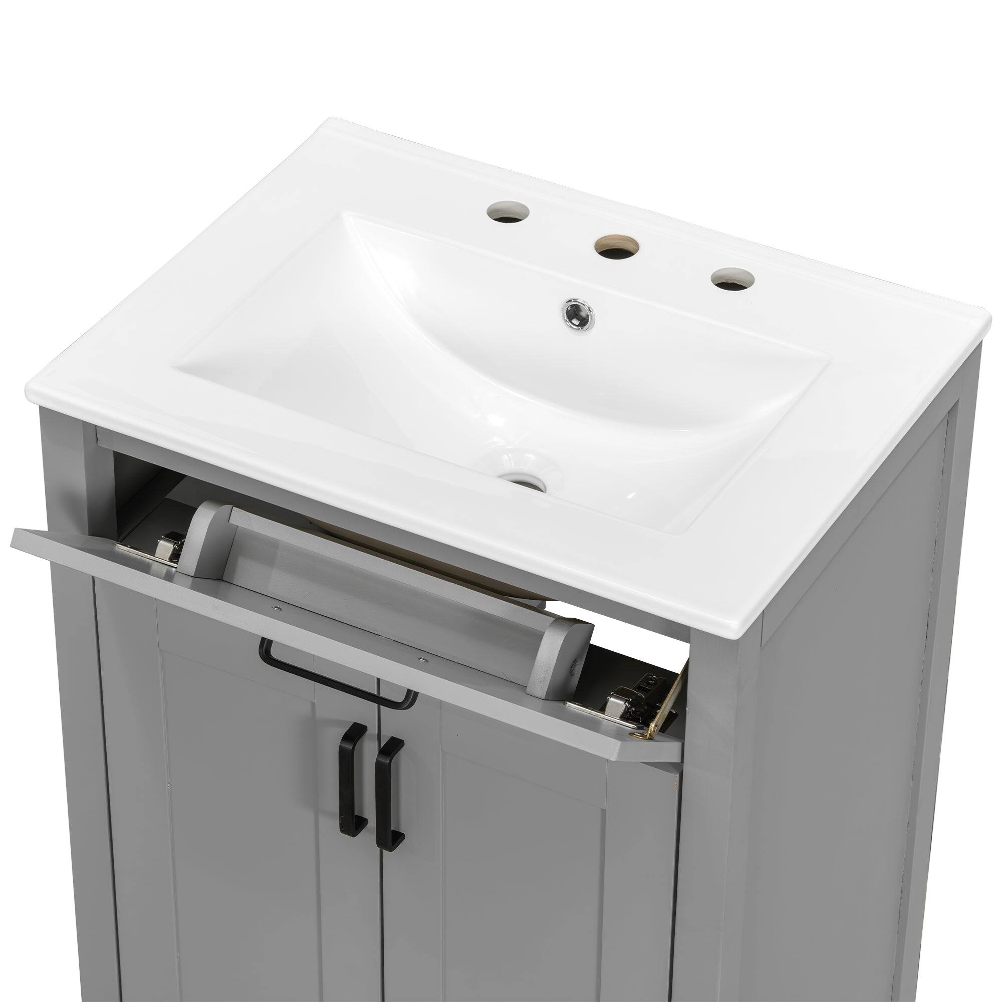 Back. Boyel Living - 24 Inch Gray Bathroom Vanity Combo with Ceramic Sink, Flip-Top Drawer, Adjustable Shelf, Double Door Racks - Gray.