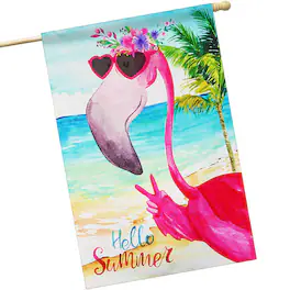 G128 - Hello Summer Peace Sign Flamingo House Flag, 28 x 40 in Printed Blockout Polyester - Assorted Colors