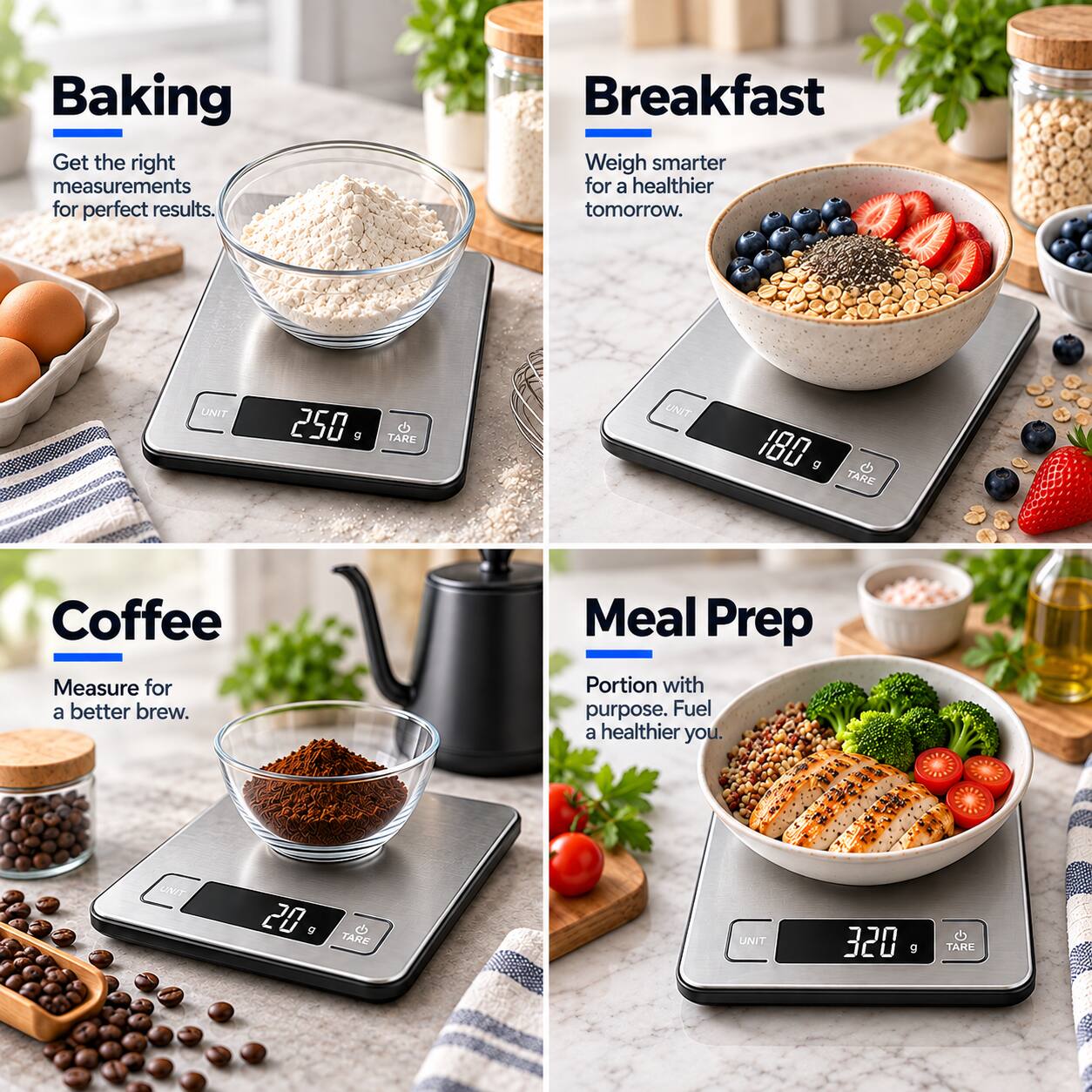 Baking  
Get the right measurements for perfect results.  
UNIT 250 g  
TARE  

Breakfast  
Weigh smarter for a healthier tomorrow.  
UNIT 180 g  
TARE  

Coffee  
Measure for a better brew.  
UNIT 20 g  
TARE  

Meal Prep  
Portion with purpose. Fuel a healthier you.  
UNIT 320 g  
TARE