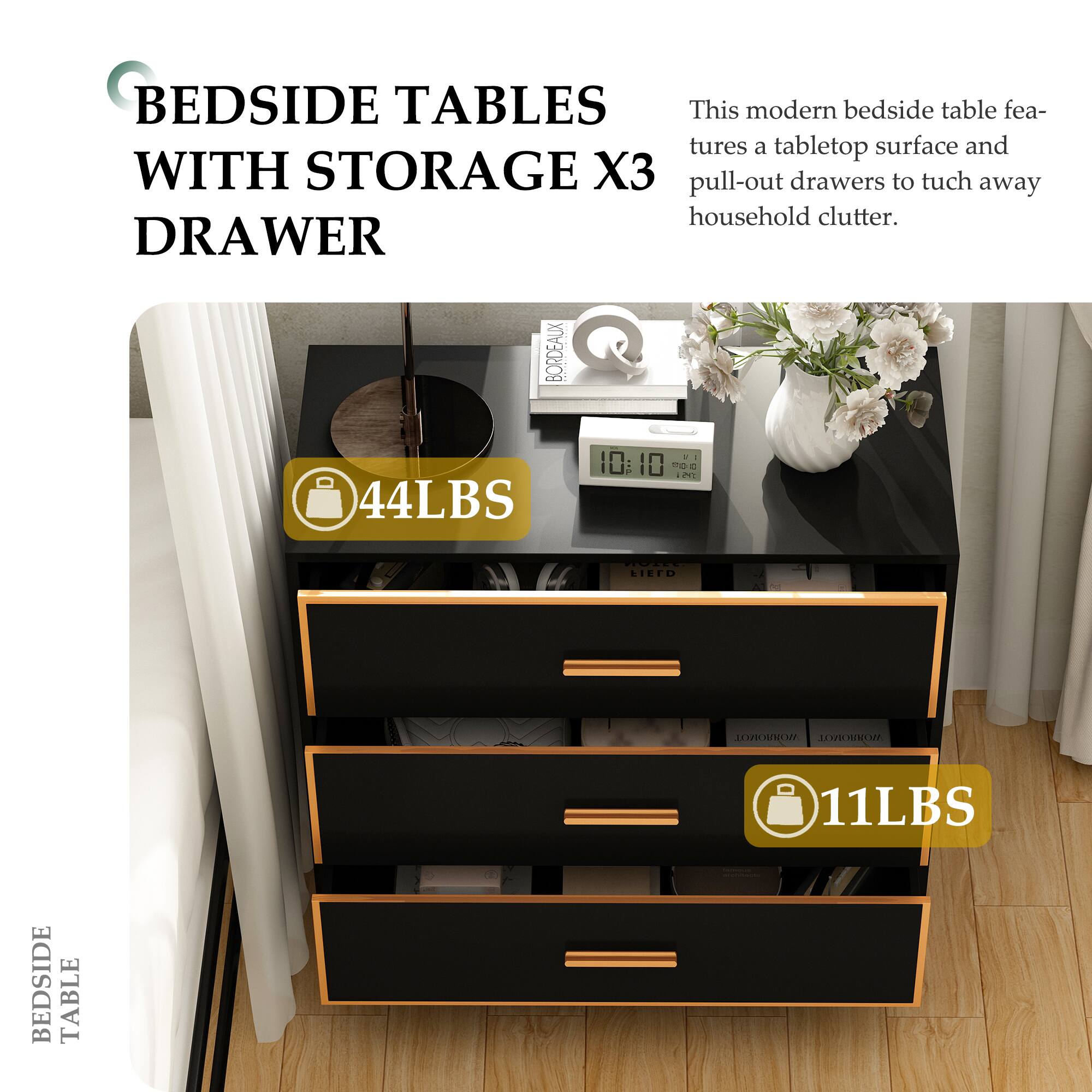 BEDSIDE TABLES WITH STORAGE X3

This modern bedside table features a tabletop surface and pull-out drawers to tuck away household clutter.

DRAWER BORDEAUX vecivnd 44LBS + 10:10 d0 21 CITD 130OA IN 11LBS BEDSIDE TABLE
