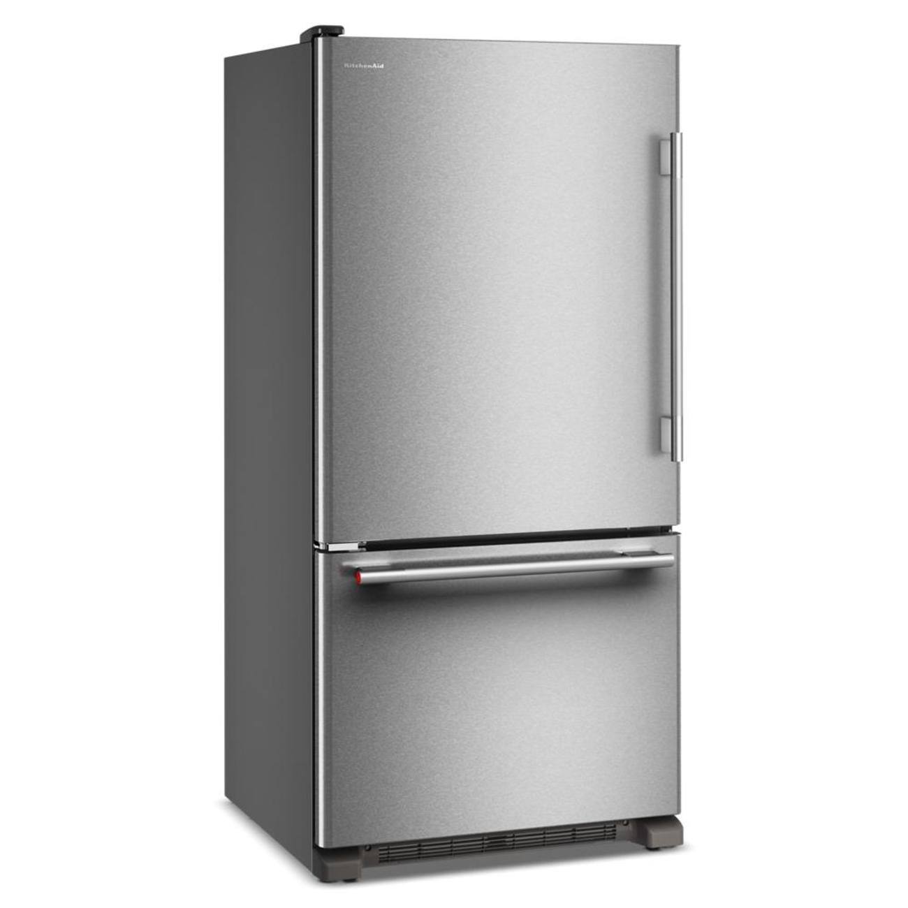 Angle. KitchenAid - 22 Cu. Ft. 33-Inch Standard-Depth Bottom Mount Refrigerator with Left Door Swing - PrintShield Stainless.