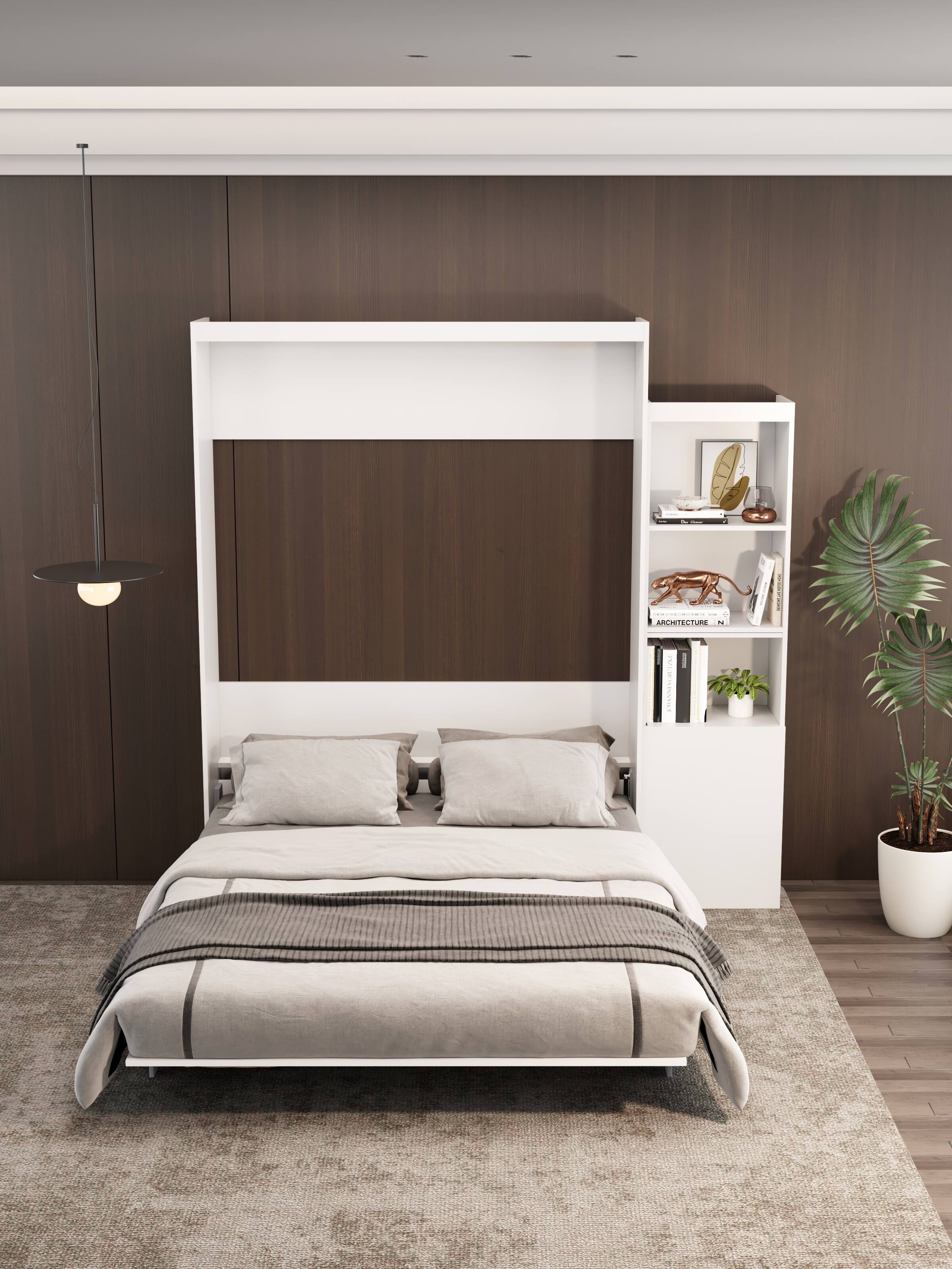 Back. Tiramisubest - Queen Size Modern Murphy Bed with Table, White, Space-Saving - White.