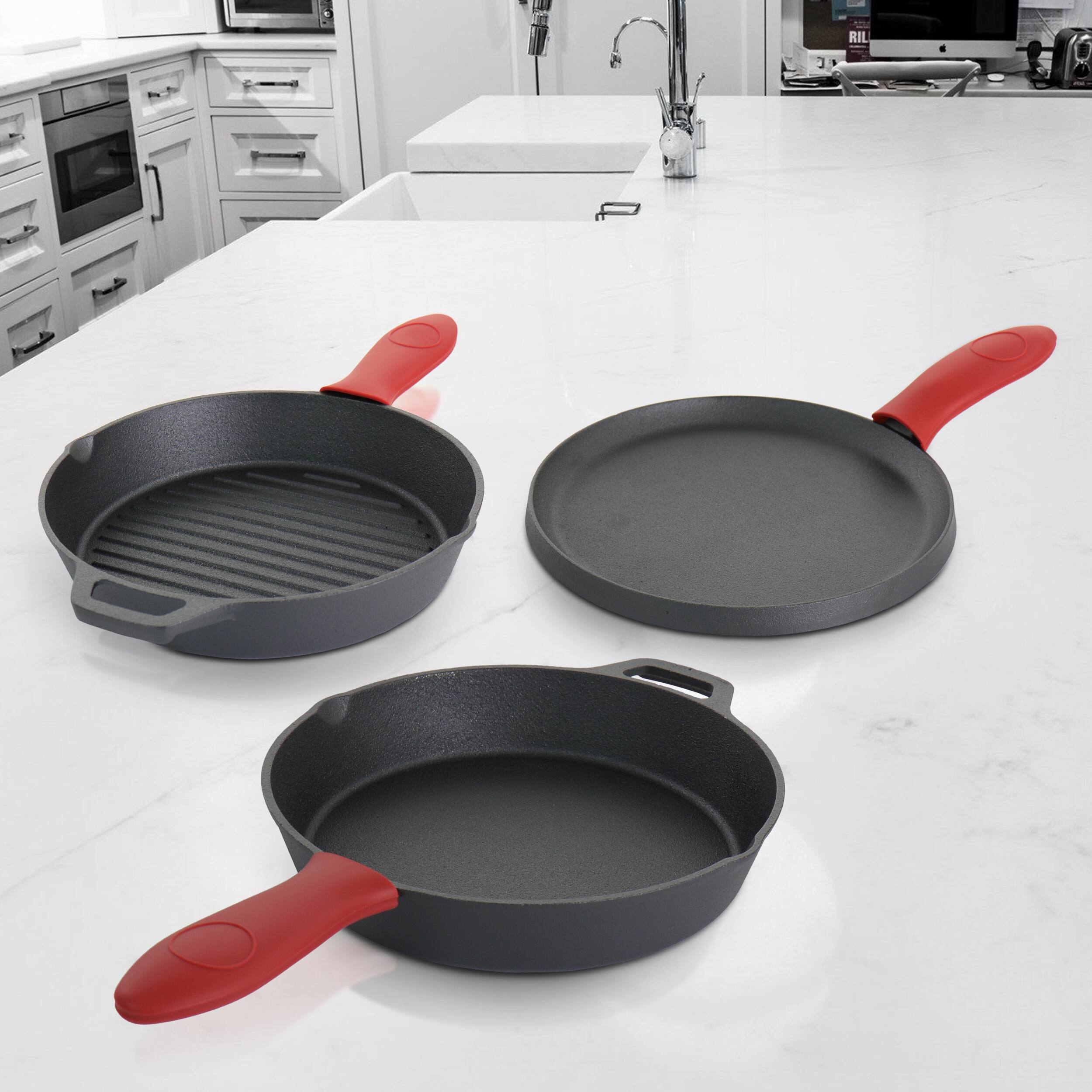 Alt View 7. Mega Chef - MegaChef Pre-Seasoned Cast Iron 6 Piece Set with Red Silicone Holders - Black and Red.