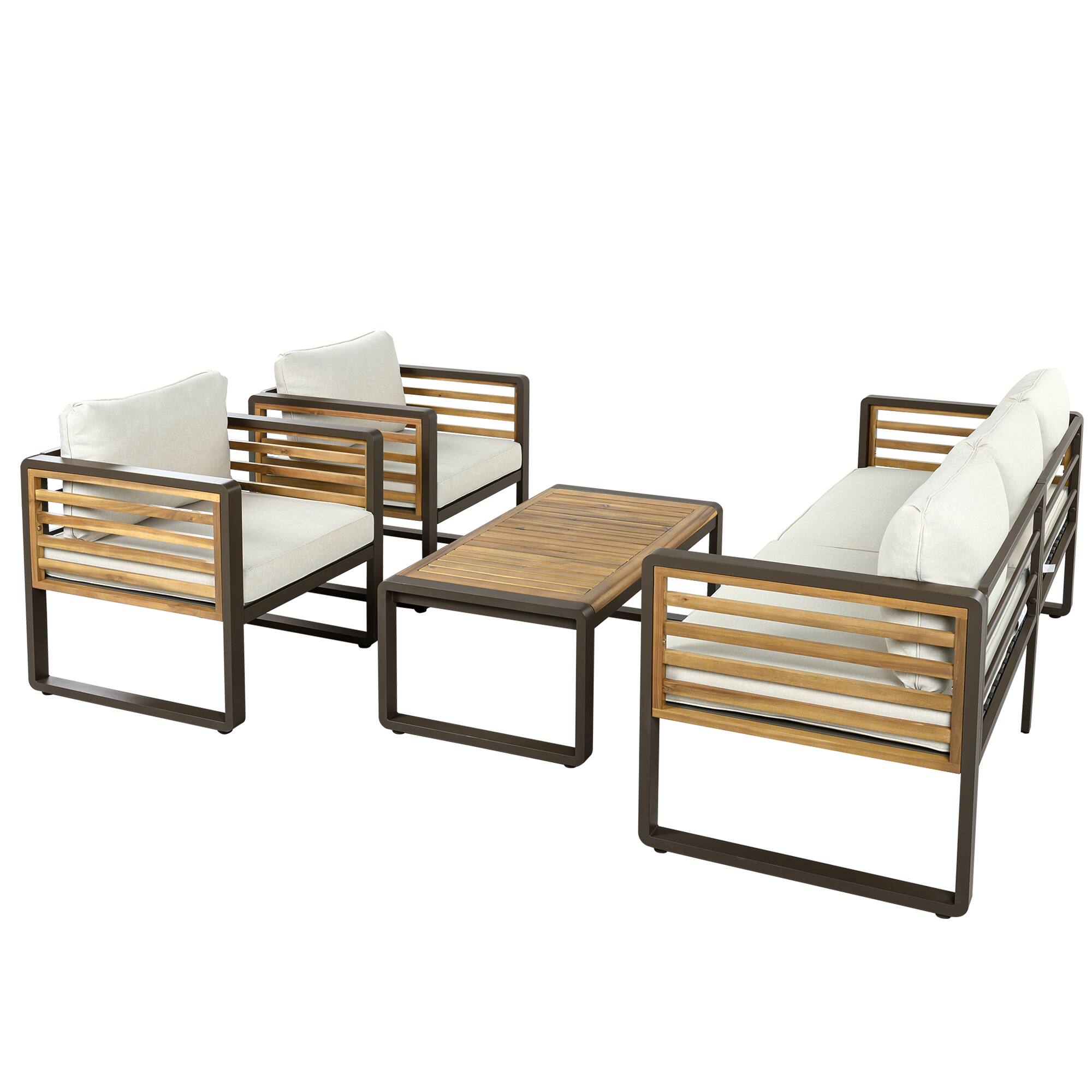 Alt View 1. Whisen - 4-Piece Acacia Wood & Metal Patio Conversation Sofa Set for 5, with 4-Inch Thick Removable Cushions - Beige|Brown.
