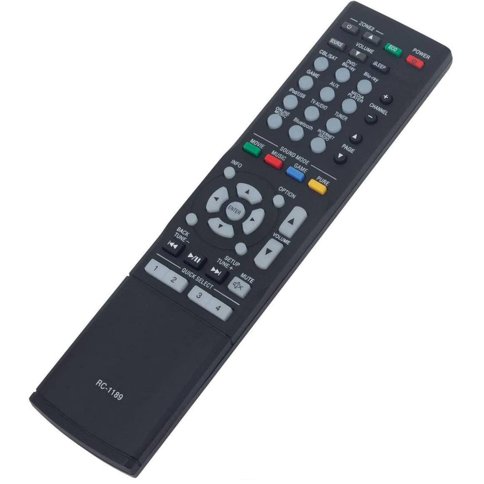 1 G ZONE2 SOURCE VOLUME ECO CBL/SAT Blu-ray GLEEP GAME Blu-ray AUX PodUss AARIA TVAUDIO CHANNEL TUNER Bluetooth INTERNET MOVIE PAGE MUSIC SOUND INFO MODE GAME PURE OPTION ENTER BACK 144 TUNE- VOLUME >/II TUNE+ SETUP + QUICK 144 2 SELECT MUTE 4x 3 4 POWER RC-1189