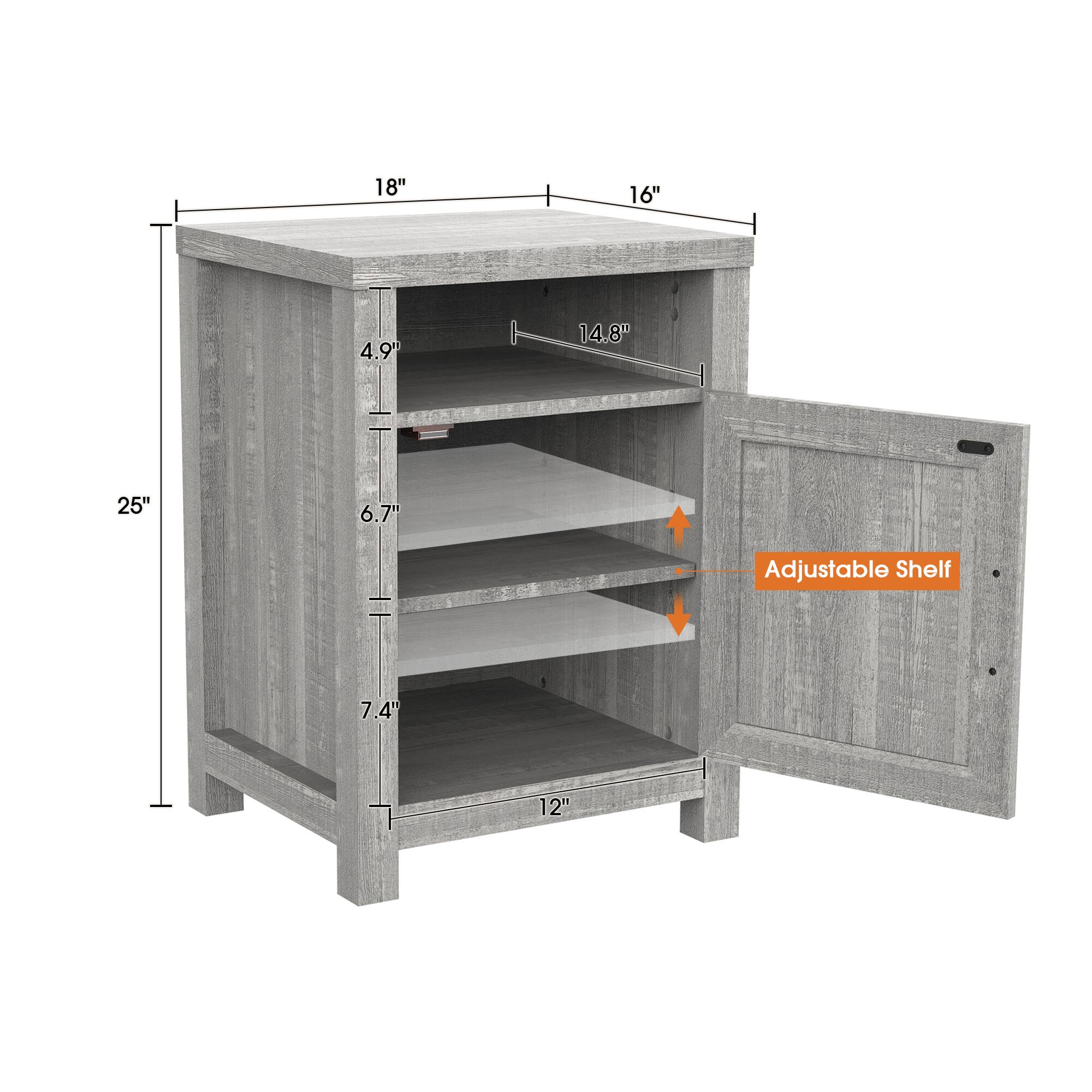 18", 16", 25", 4.9", 14.8", 6.7", 7.4", 12", Adjustable Shelf