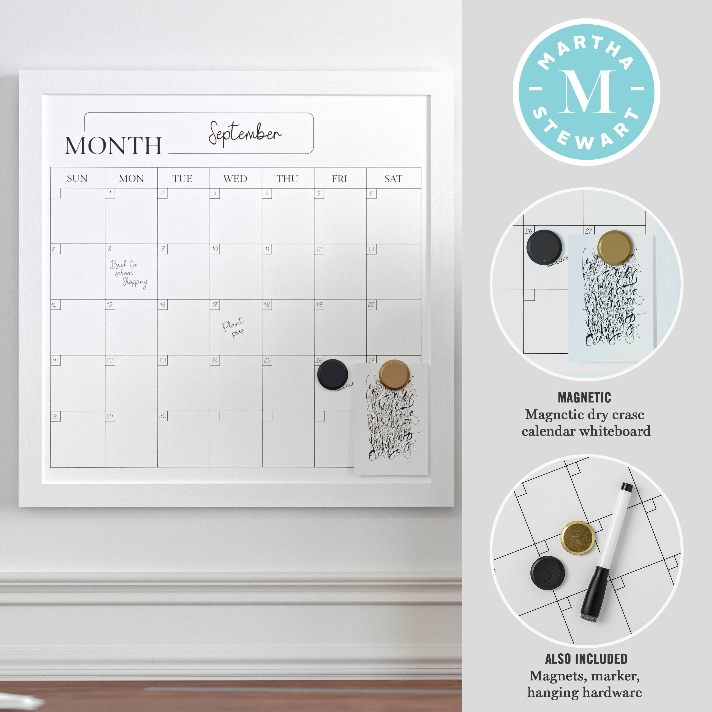 "Month September Sun Mon Tue Wed Thu Fri Sat Martha - M Stewart 1 2 3 4 5 6 7 8 9 10 11 12 13 14 15 16 17 18 19 20 21 22 23 24 25 26 27 28 29 30. Magnetic dry erase calendar whiteboard. Also included: Magnets, marker, hanging hardware."