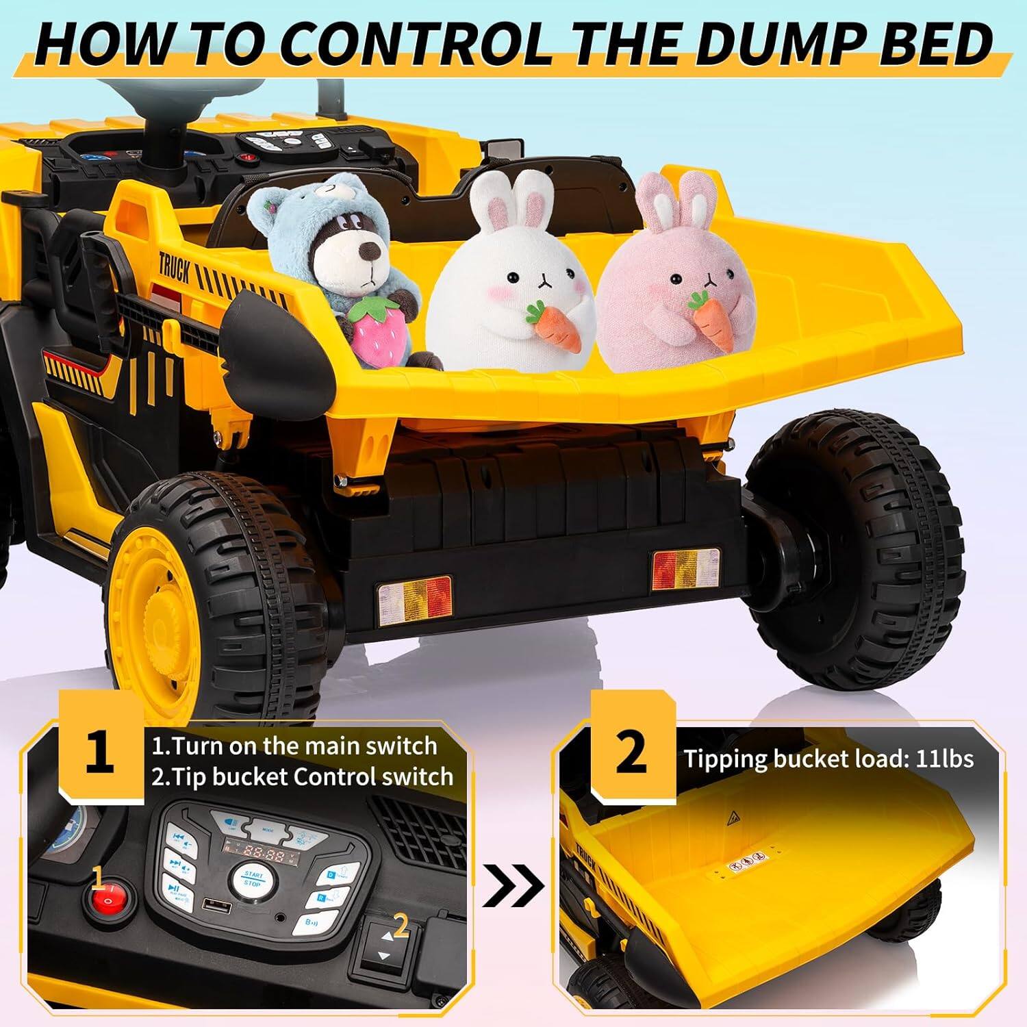 **HOW TO CONTROL THE DUMP BED**

1. Turn on the main switch
2. Tip bucket Control switch

Tipping bucket load: 11lbs