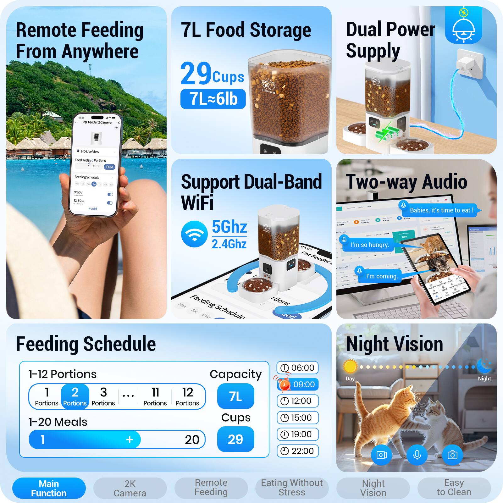 Remote Feeding From Anywhere

7L Food Storage
29 Cups
7L~6lb

Dual Power Supply

Support Dual-Band WiFi
5Ghz
2.4Ghz

Two-way Audio

Feeding Schedule
1-12 Portions
1-20 Meals

Night Vision

Main Function
2K Camera
Remote Feeding
Eating Without Stress
Night Vision
Easy to Clean