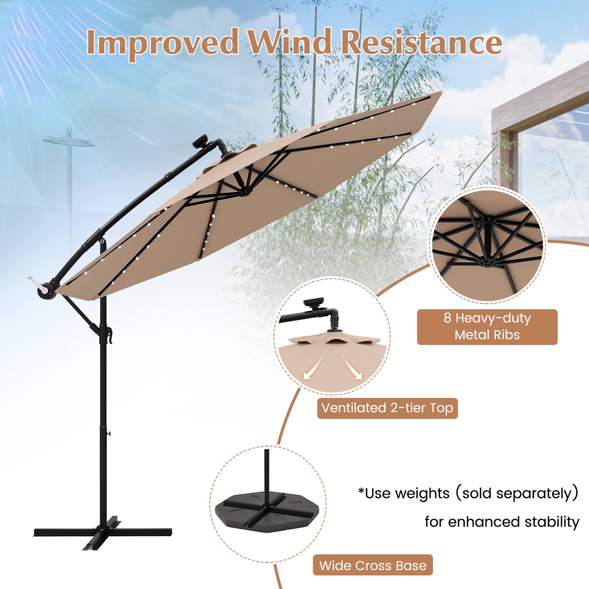 Improved Wind Resistance
8 Heavy-duty Metal Ribs
Ventilated 2-tier Top
*Use weights (sold separately) for enhanced stability
Wide Cross Base