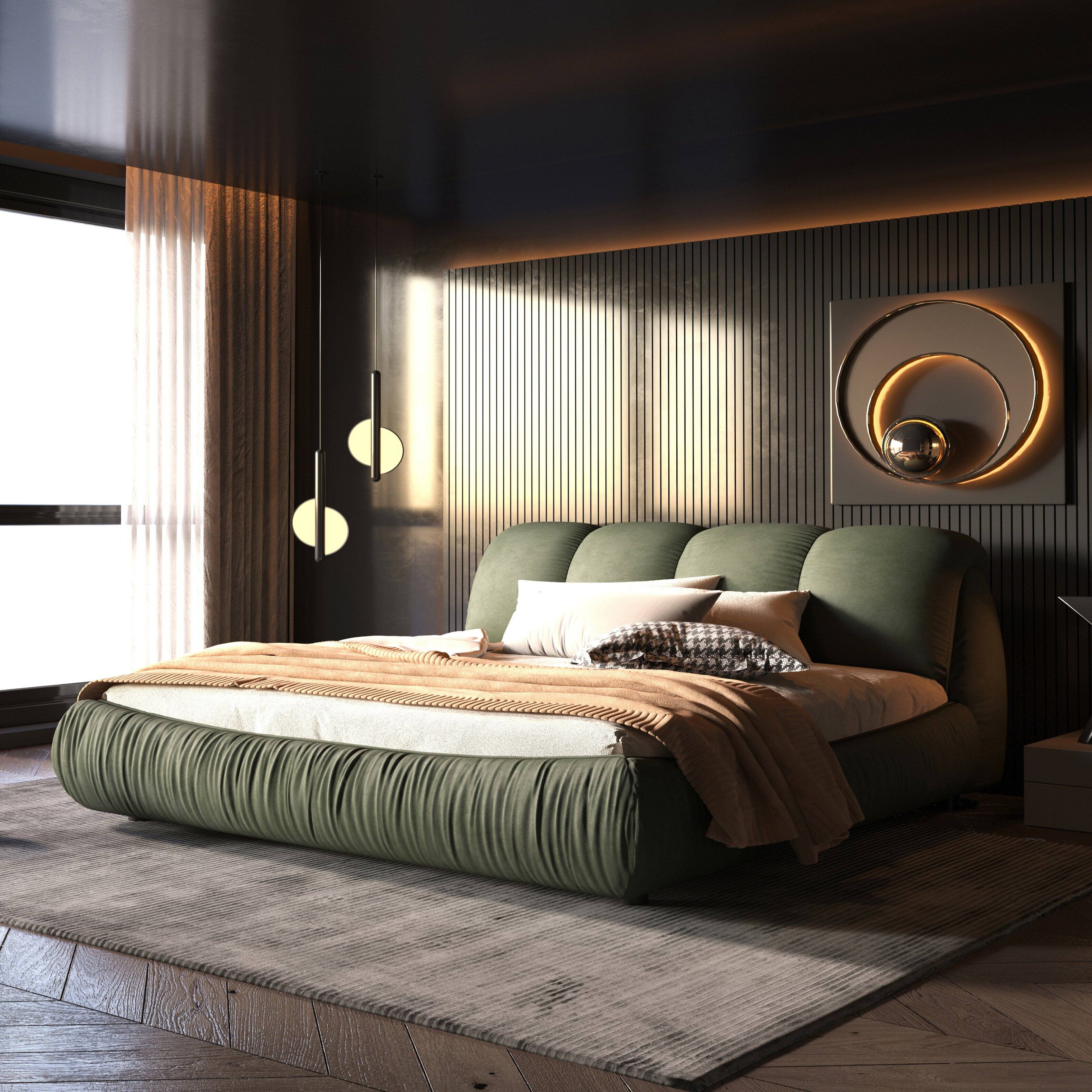 Anysun - King Upholstered Platform Bed with Oversized Padded Backrest & Solid Wood Frame - Green