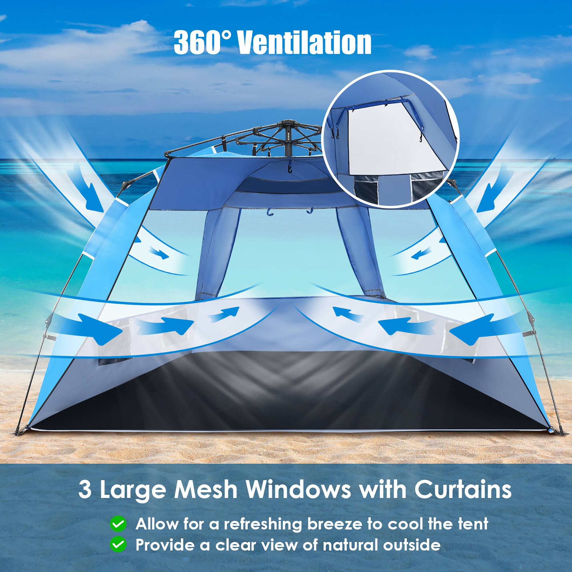 360 Ventilation: 3 Large Mesh Windows with Curtains. Allow for a refreshing breeze to cool the tent. Provide a clear view of natural outside.