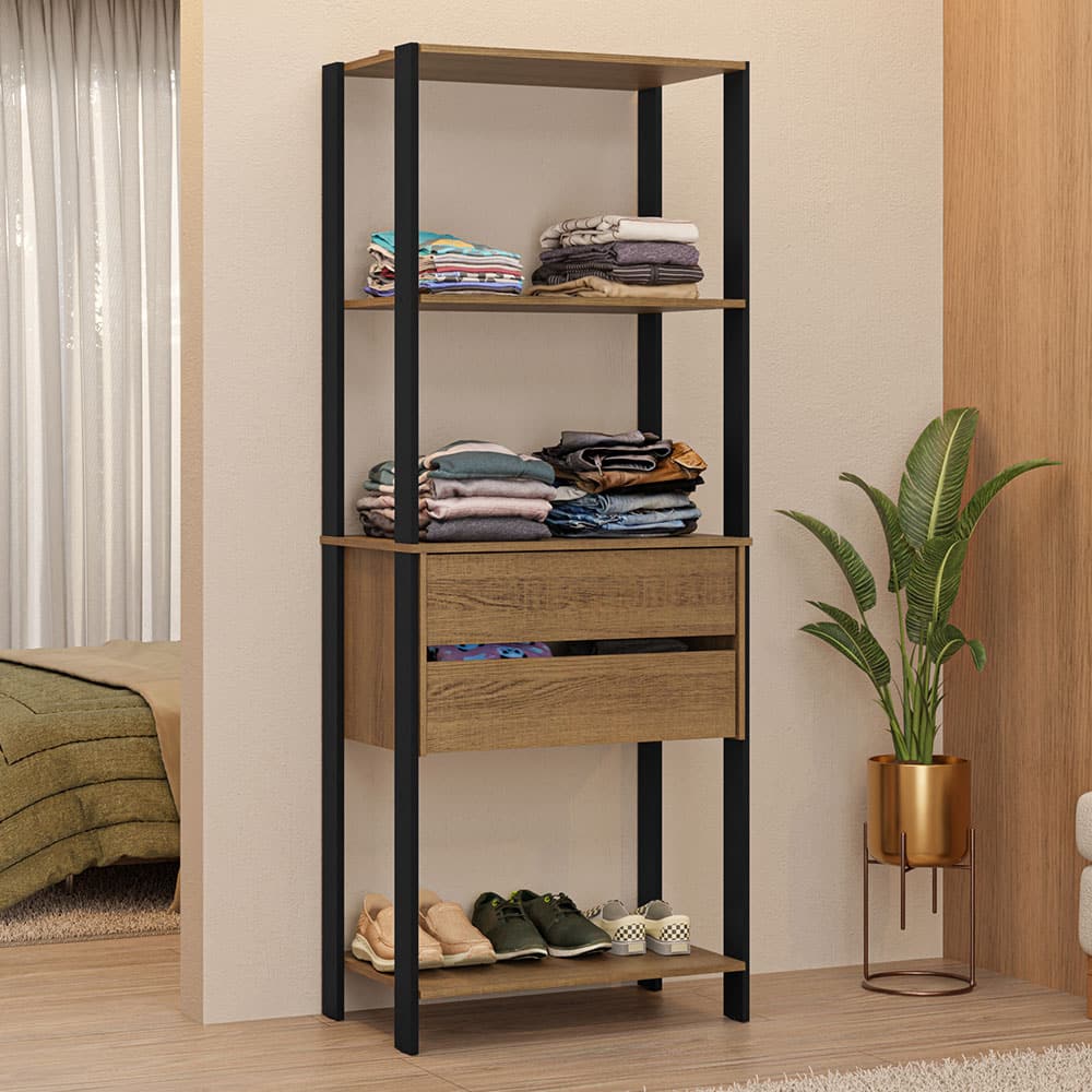 Madesa- Wardrobe Clothes Storage Rack with 2 Drawers and Open Shelves 27"L- Black/Brown- Rustic/Black