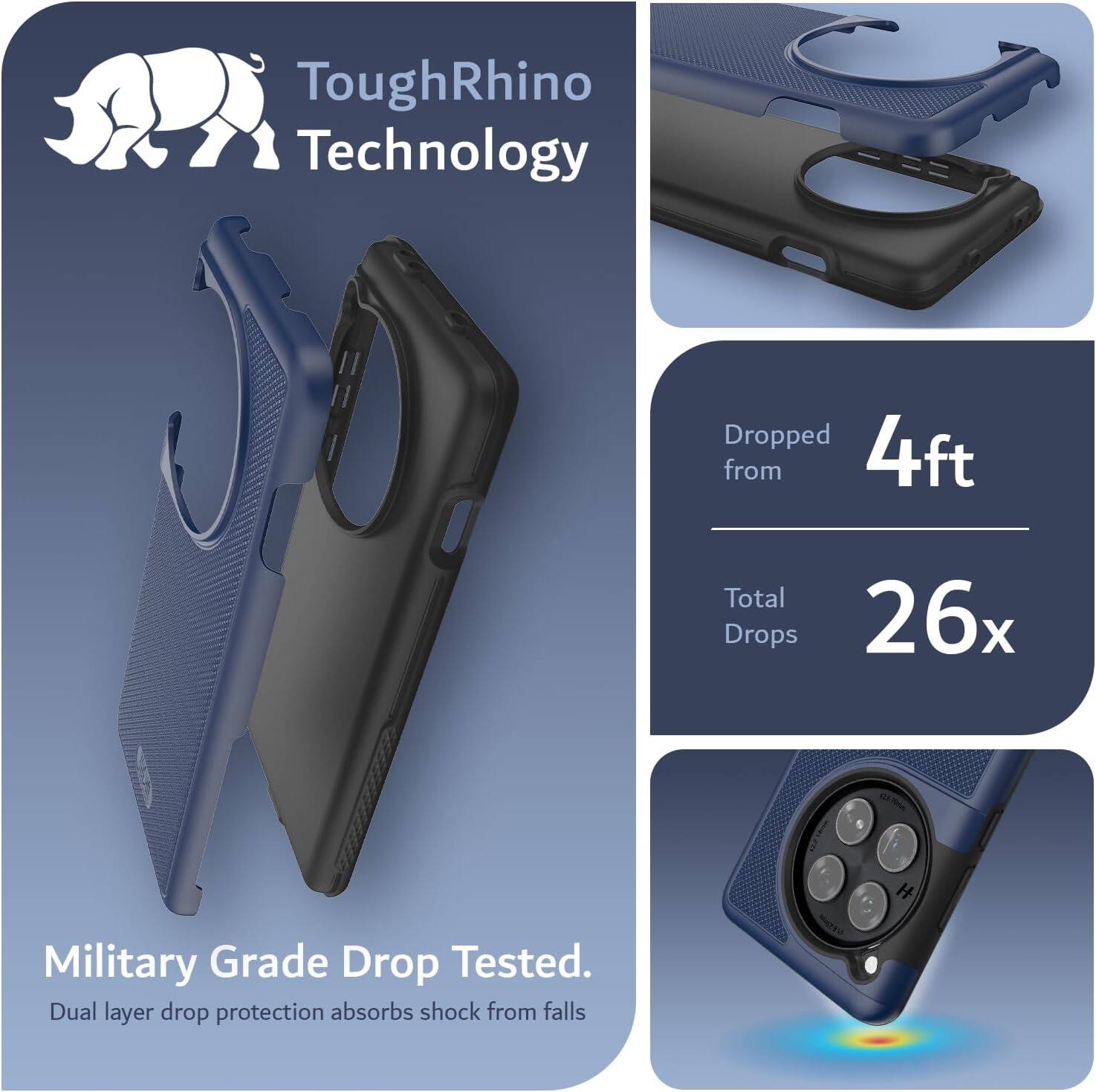 ToughRhino Technology

Dropped from 4ft  
Total Drops 26x

Military Grade Drop Tested.  
Dual layer drop protection absorbs shock from falls