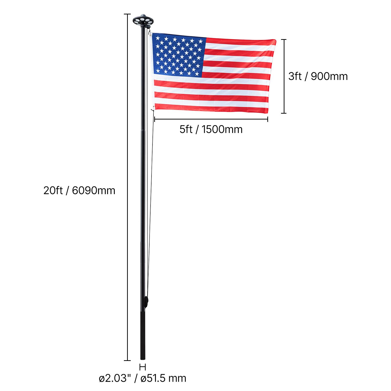 3ft / 900mm  
5ft / 1500mm  
20ft / 6090mm  
Ø2.03" / Ø51.5mm