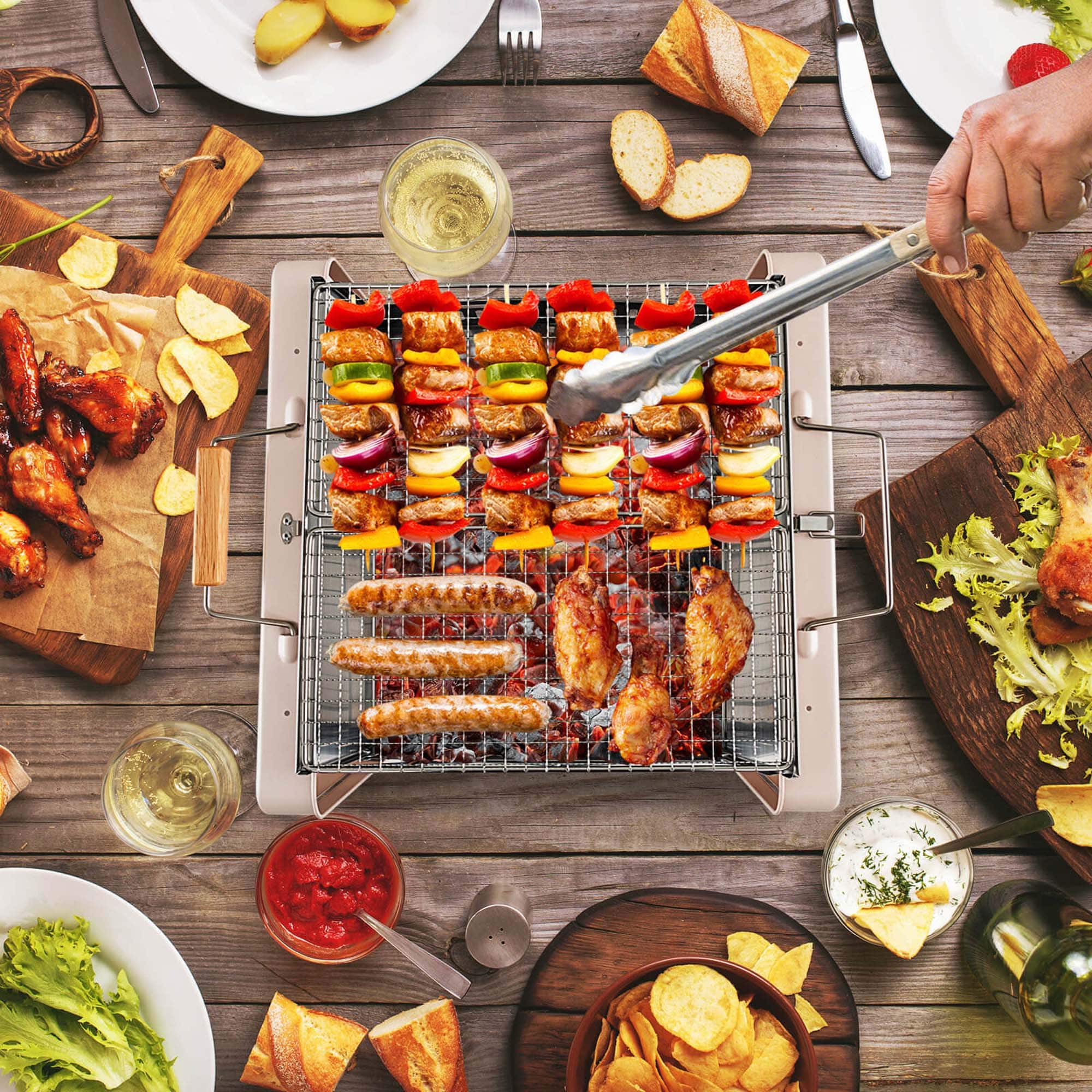 Alt View 16. Costway - Outdoor Charcoal Grill with 2 Stainless Steel Grill Nets Charcoal Box for Camping - Beige + Silver.