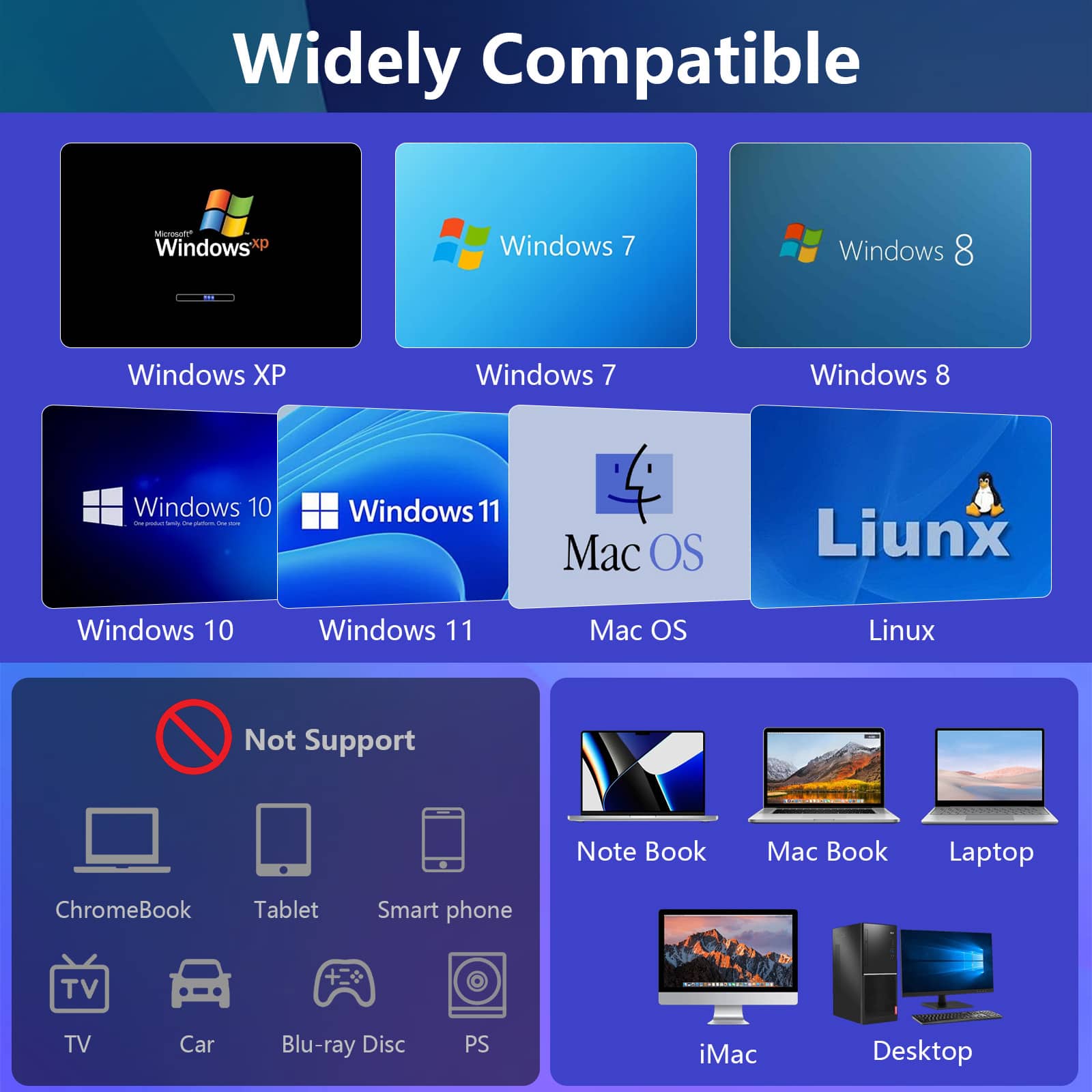 Widely Compatible: Windows XP, Windows 7, Windows 8, Windows 10, Windows 11, Mac OS, Linux
Not Support: ChromeBook, Tablet, Smart phone, TV, Car, Blu-ray Disc, PS, iMac, Desktop, Note Book, Mac Book, Laptop