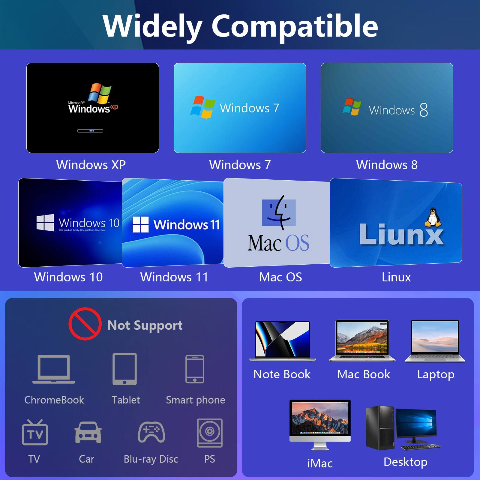 Widely Compatible: Windows XP, Windows 7, Windows 8, Windows 10, Windows 11, Mac OS, Linux

Not Support: ChromeBook, Tablet, Smart phone, TV, Car, Blu-ray Disc, PS, iMac, Desktop, Note Book, Mac Book, Laptop