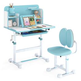 Costway - Kid's Study Desk & Chair Set with Tilt Desktop, Pen Holder & Tray, Reading Stand - Blue