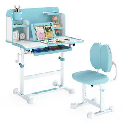 Front. Costway - Costway Kid's Study Desk & Chair Set with Tilt Desktop, Pen Holder & Tray, Reading Stand - Blue.