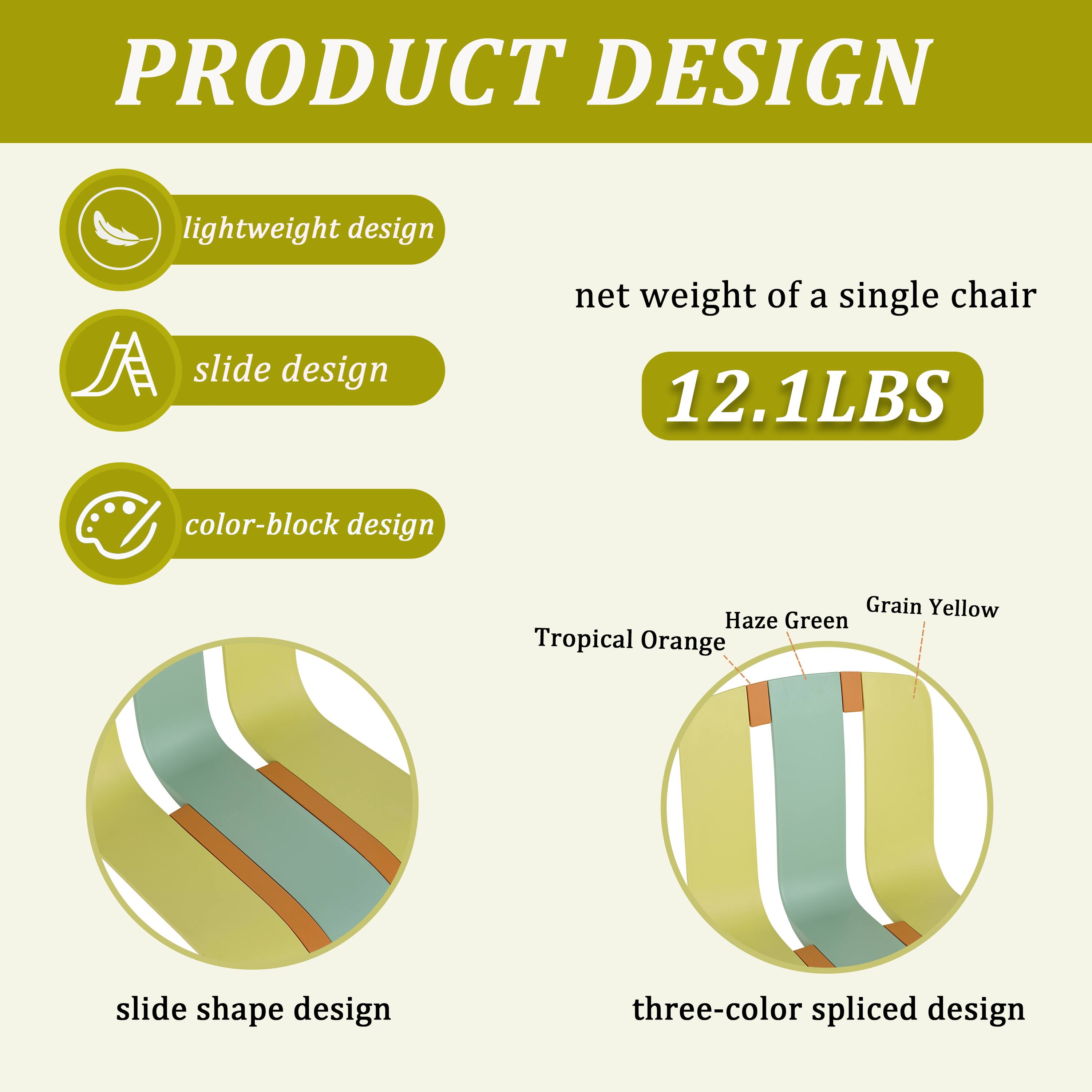 PRODUCT DESIGN

- Lightweight design
- Slide design
- Color-block design

Net weight of a single chair: 12.1LBS

- Slide shape design
- Three-color spliced design

Colors:
- Tropical Orange
- Haze Green
- Grain Yellow