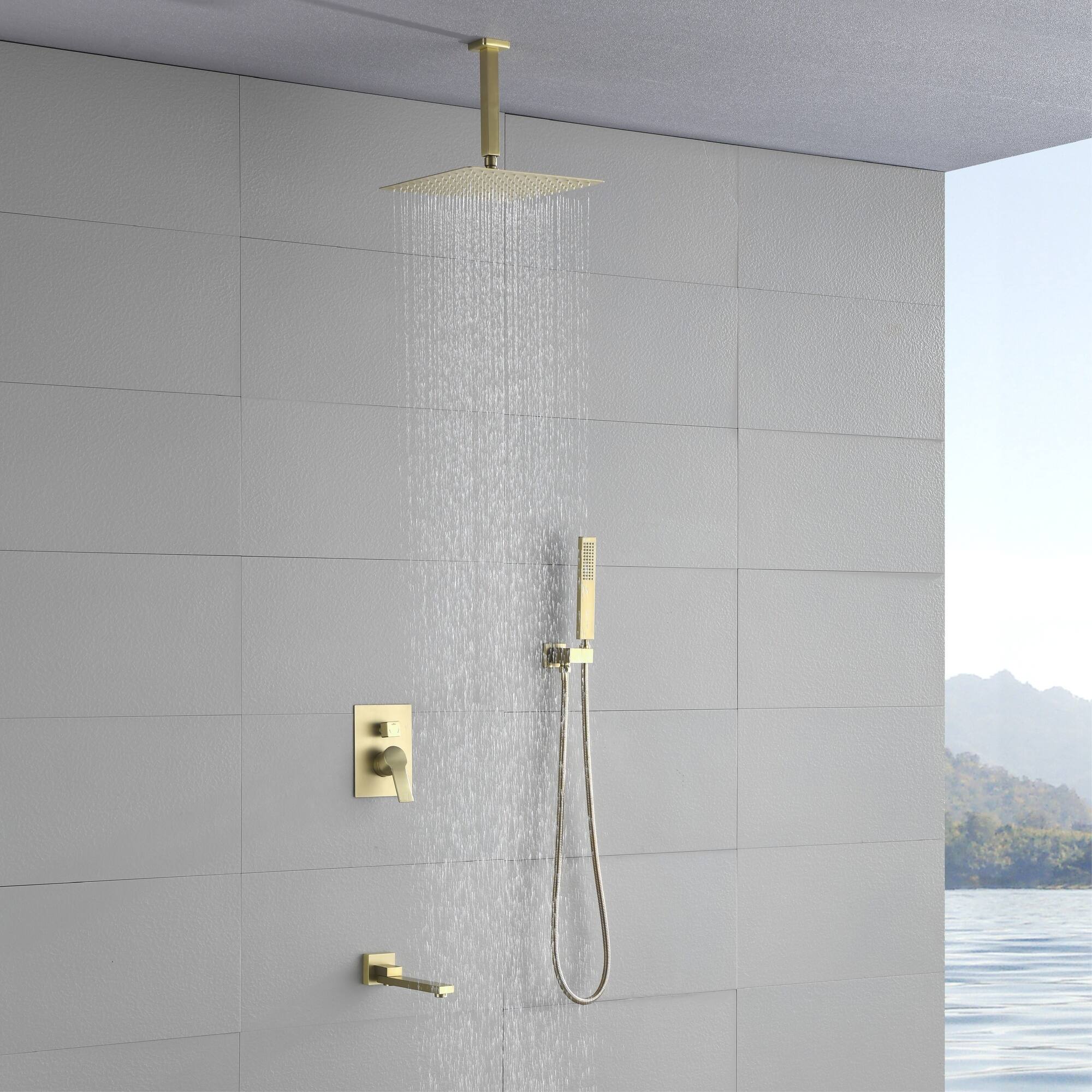 Alt View 3. Boyel Living - Brushed Gold 10-Inch Rain Shower System Brass SUS304 3-Function Valve Handheld 180° Spout cUPC - Brushed Gold.