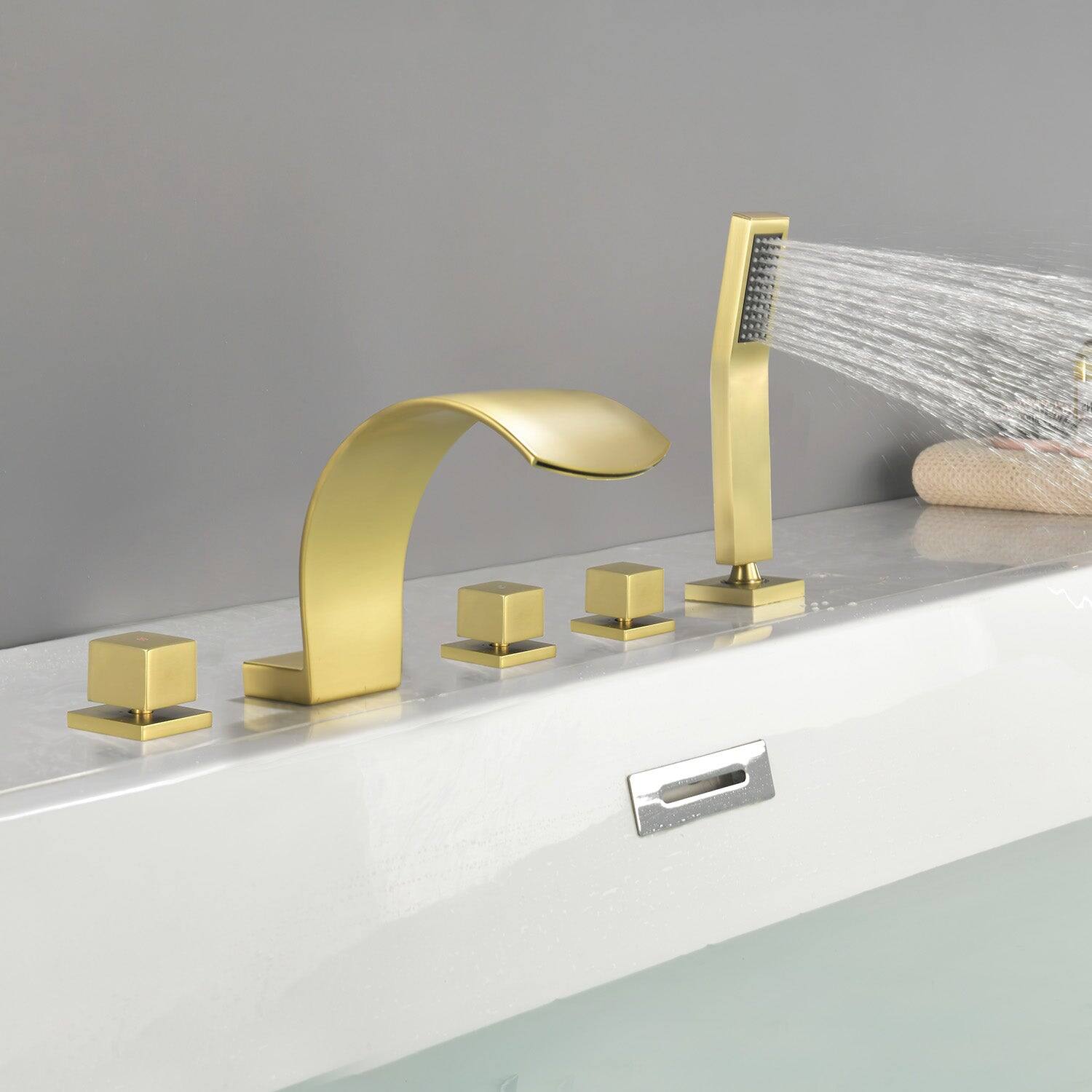Alt View 3. Boyel Living - Brushed Gold Cold and Hot Waterfall Flow Handheld Shower Bath Tub Faucet Five Hole Installation Durable Designl - Brushed Gold.