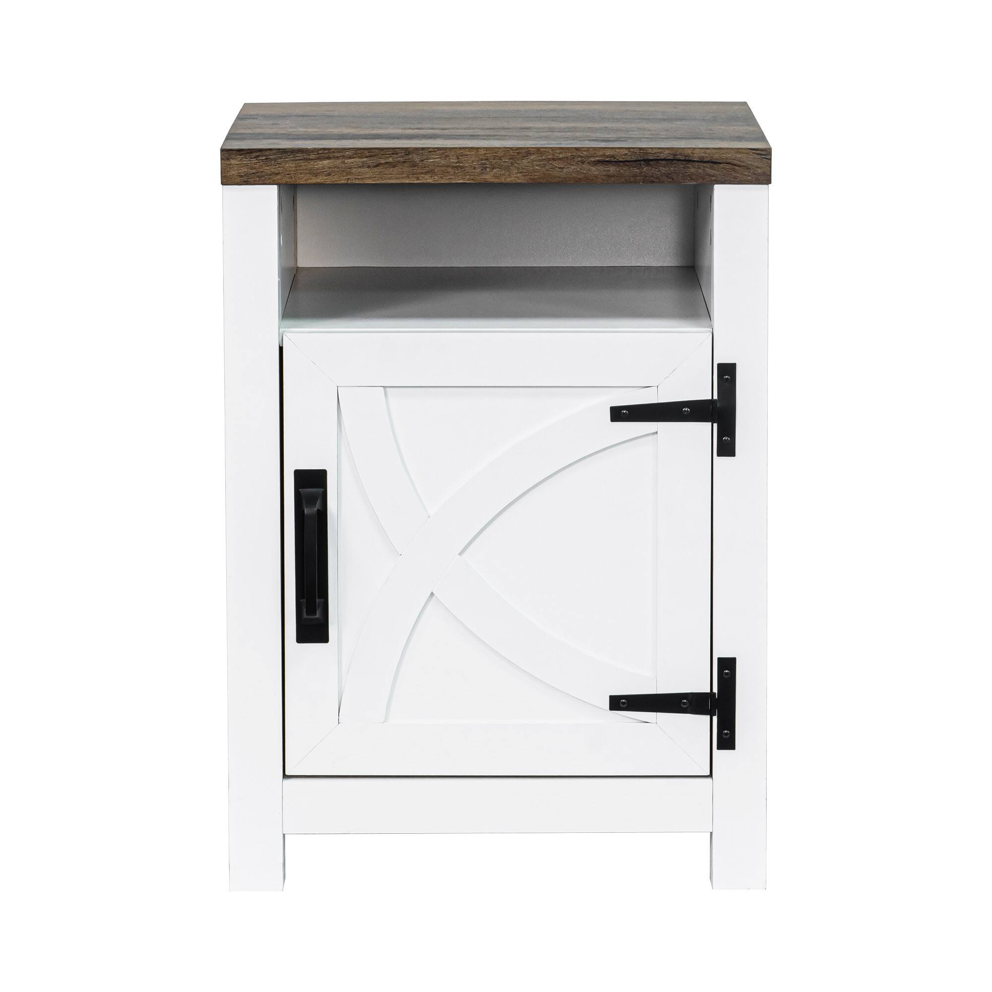 Back. Ihomeadore - Farmhouse Barn Door Nightstand Bedside Table with Adjustable Shelves - White and Brown.