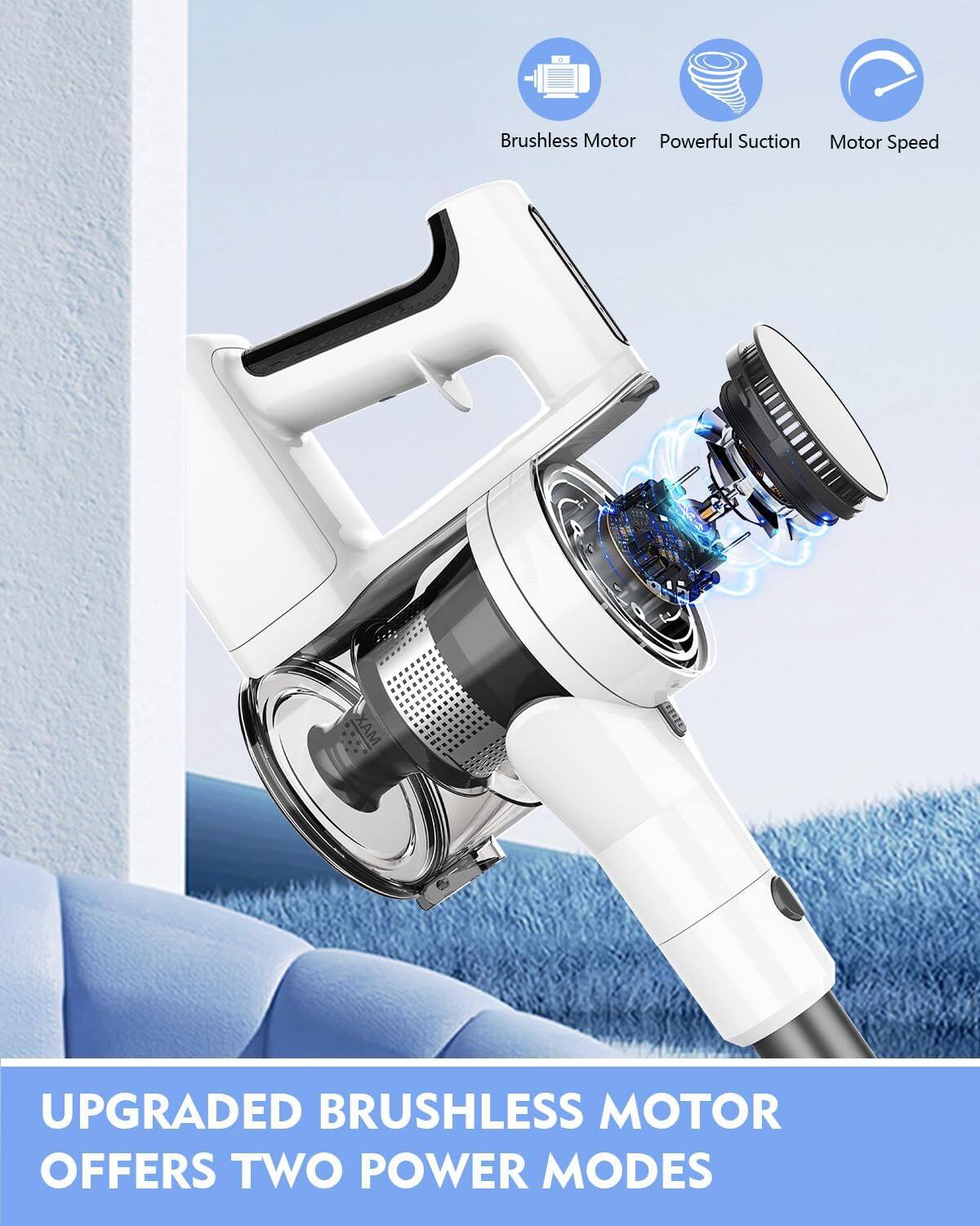 Brushless Motor Powerful Suction Motor Speed MAX UPGRADED BRUSHLESS MOTOR OFFERS TWO POWER MODES