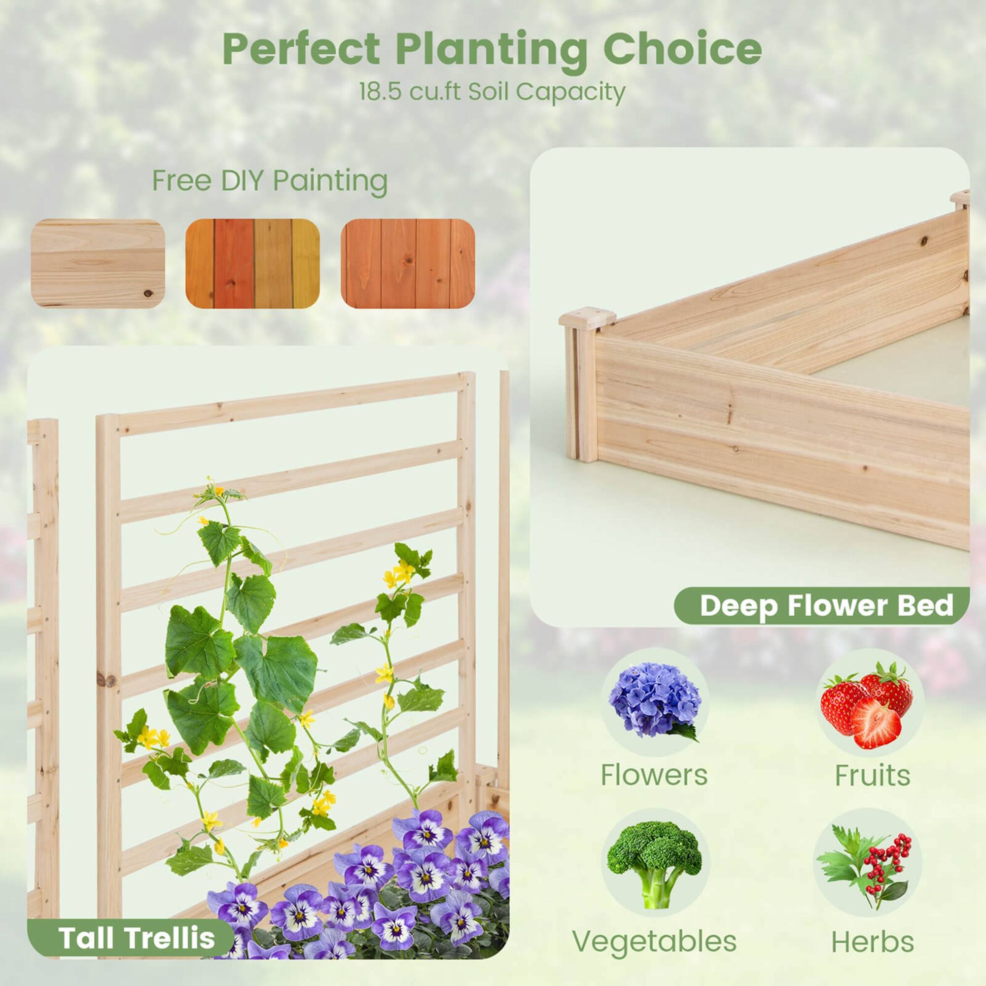 Perfect Planting Choice: 18.5 cu.ft Soil Capacity, Free DIY Painting, Deep Flower Bed, Flowers, Fruits, Tall Trellis, Vegetables, Herbs.