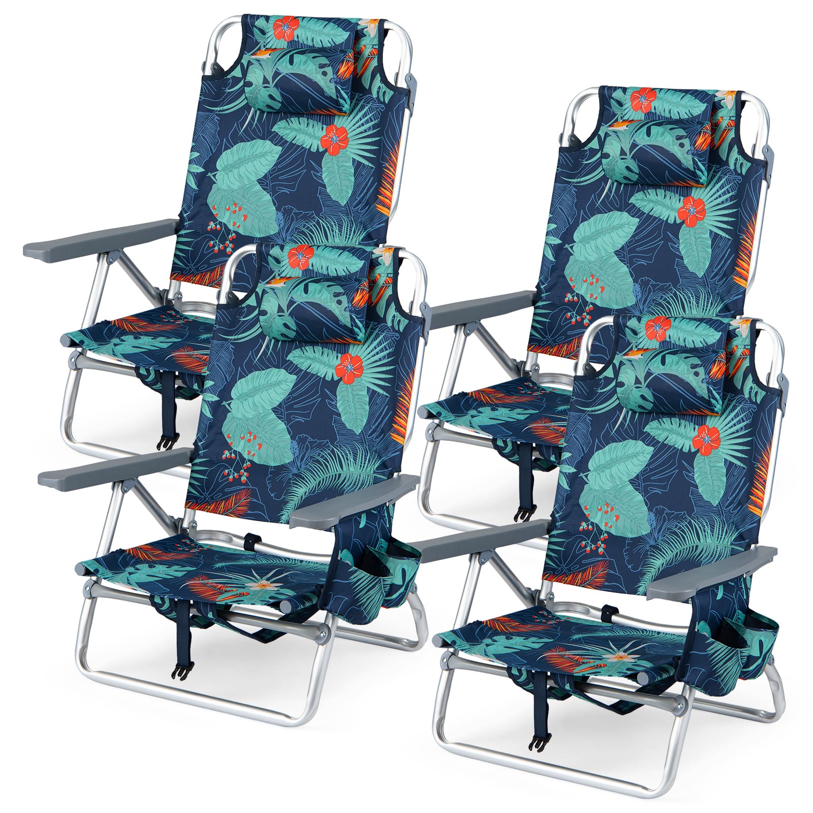 Costway - 4-Pack Folding Backpack Beach Chair 5-Position Outdoor Reclining Chairs with Pillow - Dark Green