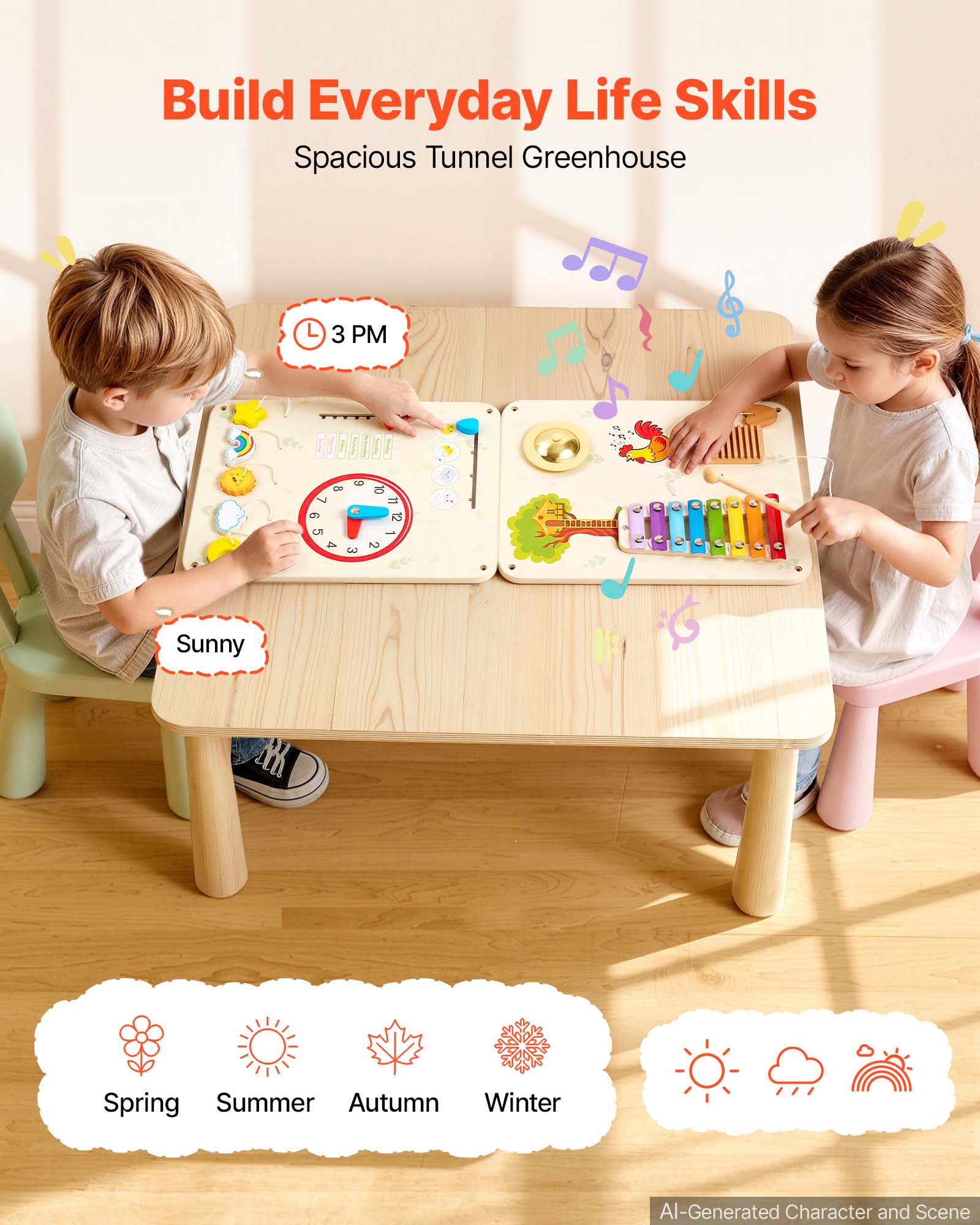 Build Everyday Life Skills  
Spacious Tunnel Greenhouse  

3 PM  
8 7 6 5 4 3  
10 11 12 2  

Sunny  
Spring Summer Autumn Winter  

AI-Generated Character and Scene