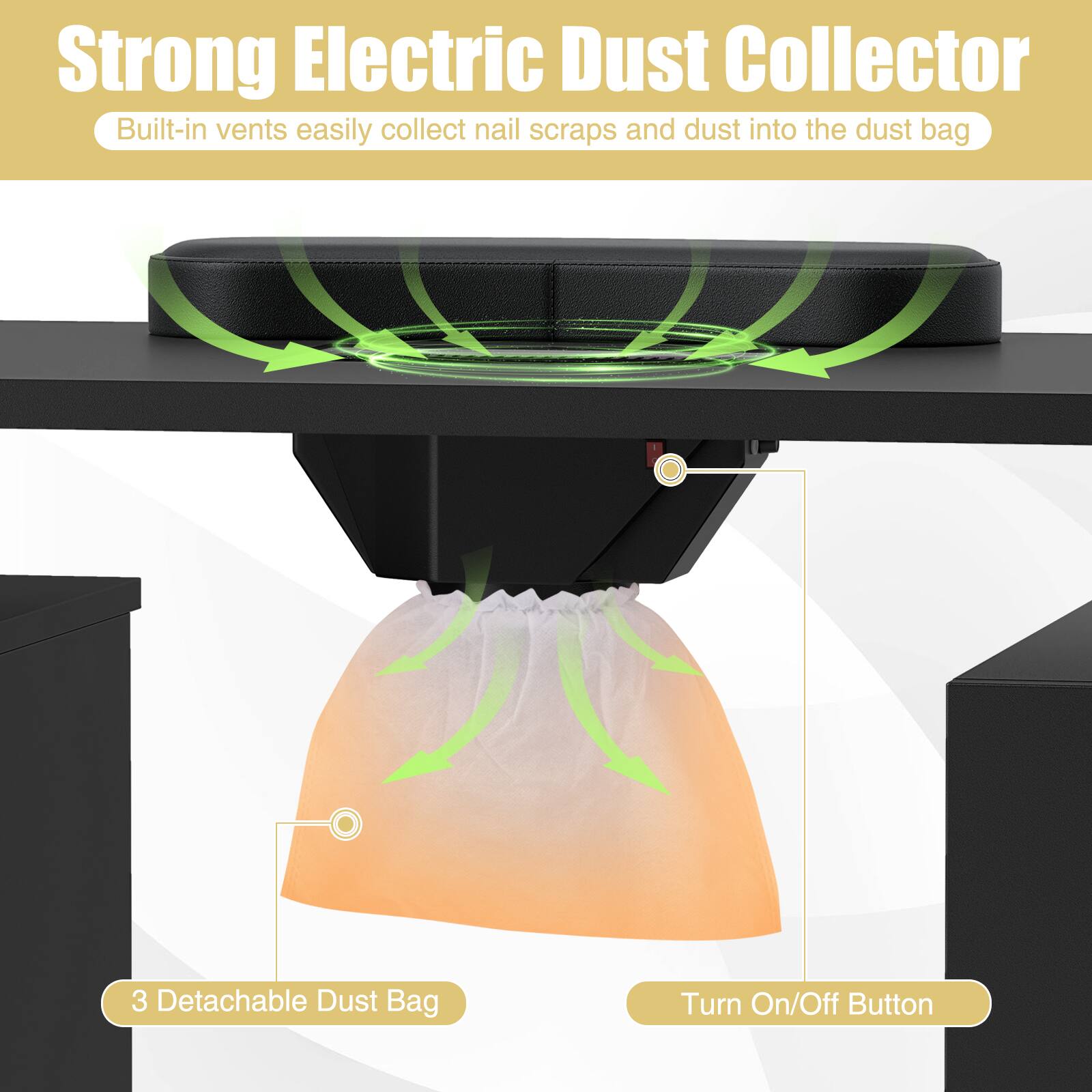 Strong Electric Dust Collector  
Built-in vents easily collect nail scraps and dust into the dust bag  

3 Detachable Dust Bag  
Turn On/Off Button
