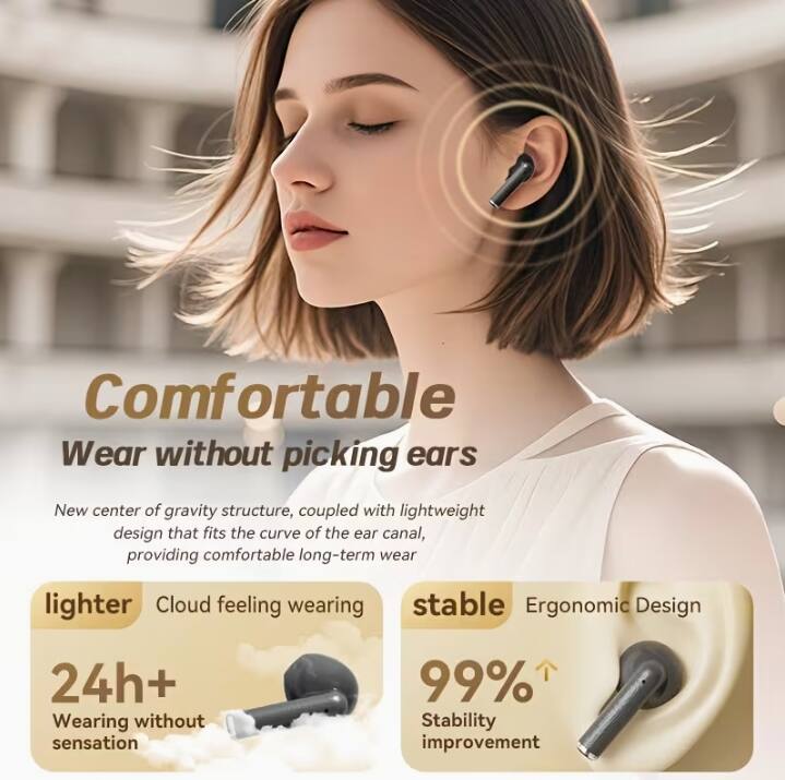 Comfortable Wear without picking ears

New center of gravity structure, coupled with lightweight design that fits the curve of the ear canal, providing comfortable long-term wear

lighter  
Cloud feeling wearing

24h+  
Wearing without sensation

stable  
Ergonomic Design

99%  
Stability improvement